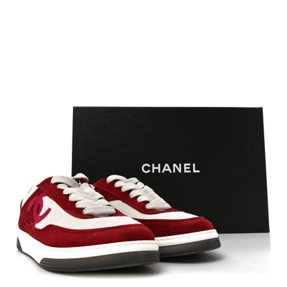 Chanel Suede Kidskin Womens CC Sneakers 38.5 Burgundy White 9 of 9