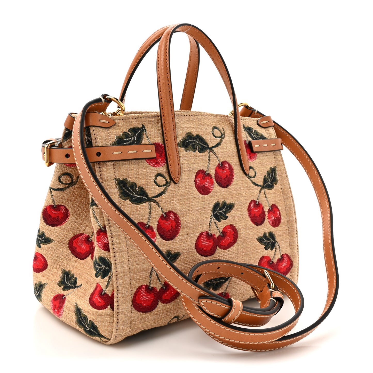 Jacquard Raffia Cherryfic Small Vlogo Antibes Shopping Bag Natural Red