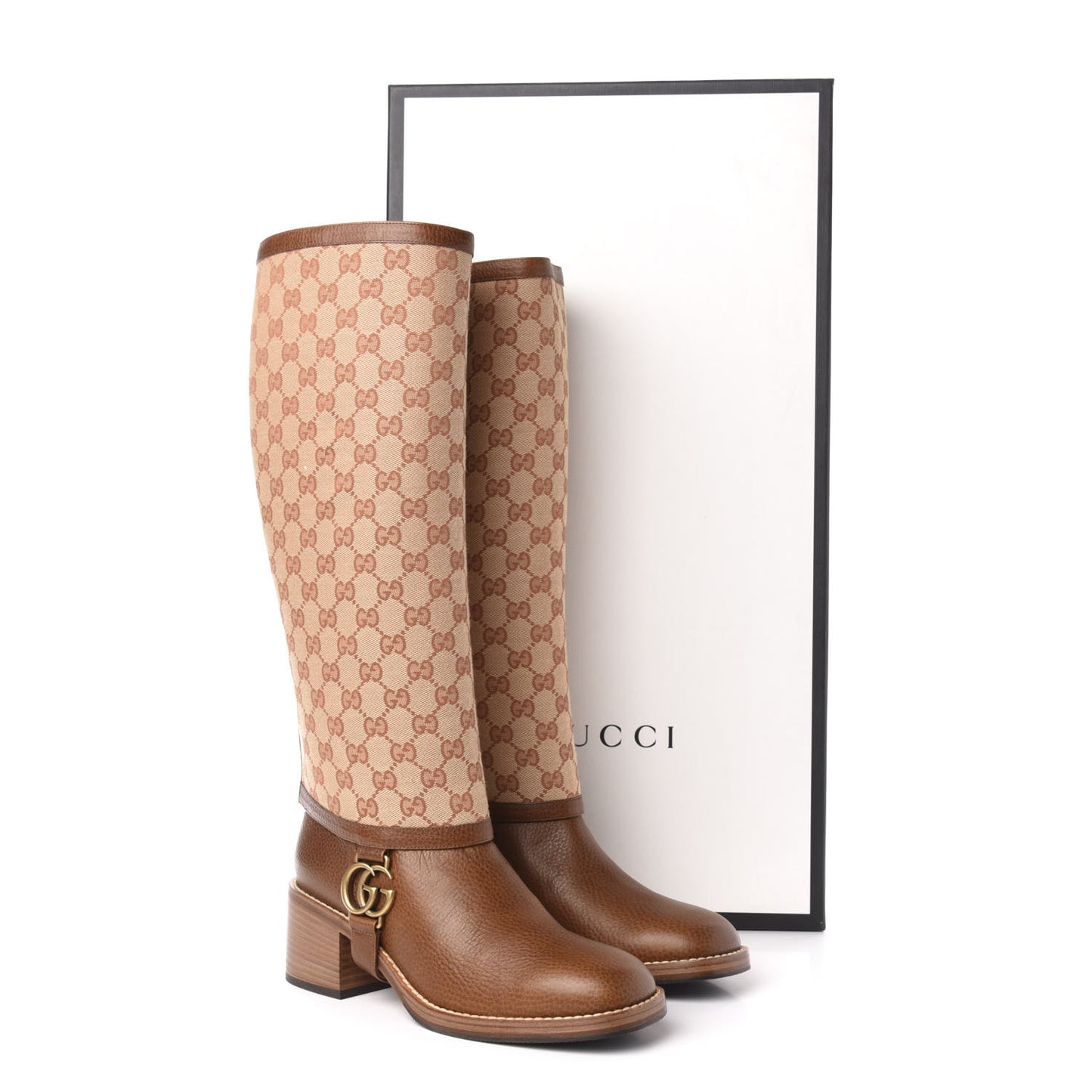 GG Monogram Calfskin Lola Tall Boots 39.5 Beige Ruggine Cuir