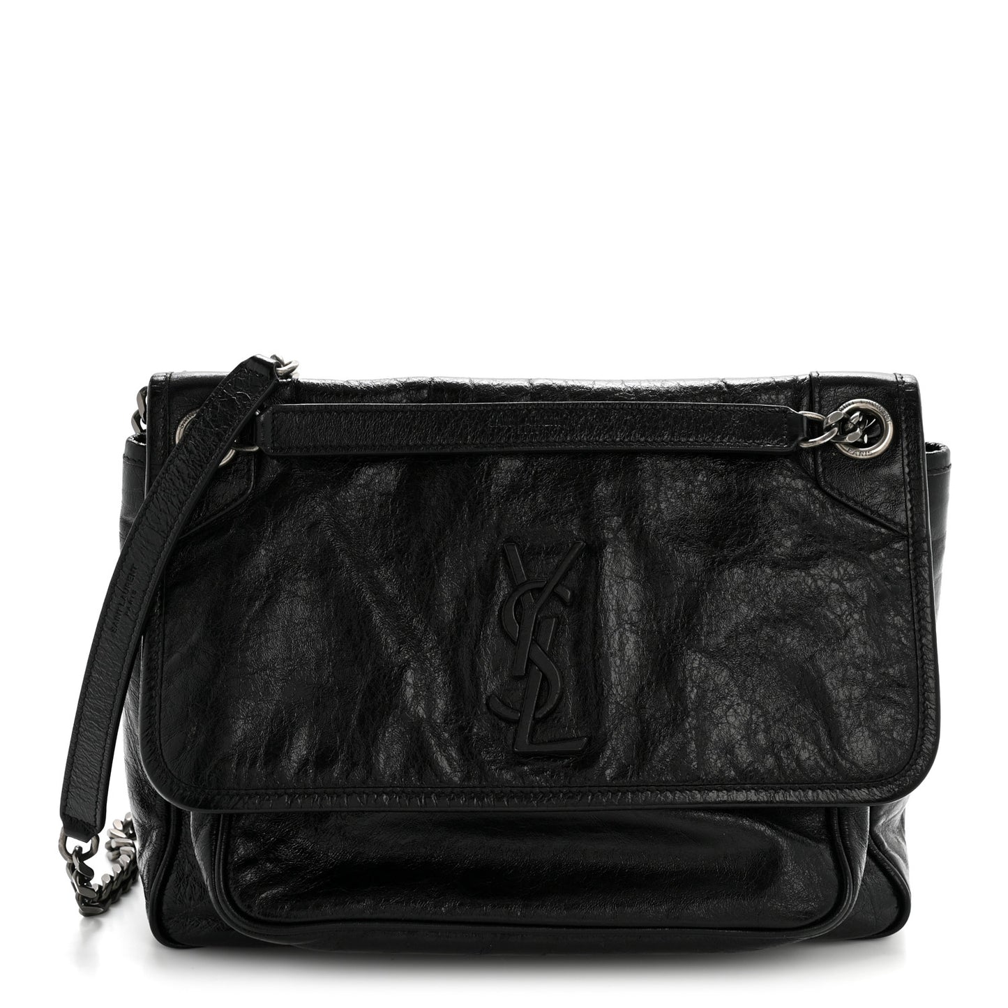 Crinkled Calfskin Monogram Medium Niki Chain Satchel Black