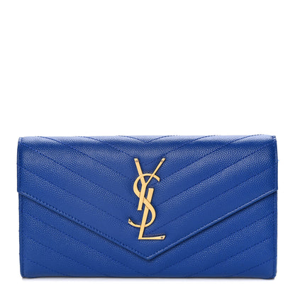 Saint Laurent Grain De Poudre Matelasse Chevron Monogram Flap Wallet Royal Blue 1 of 12