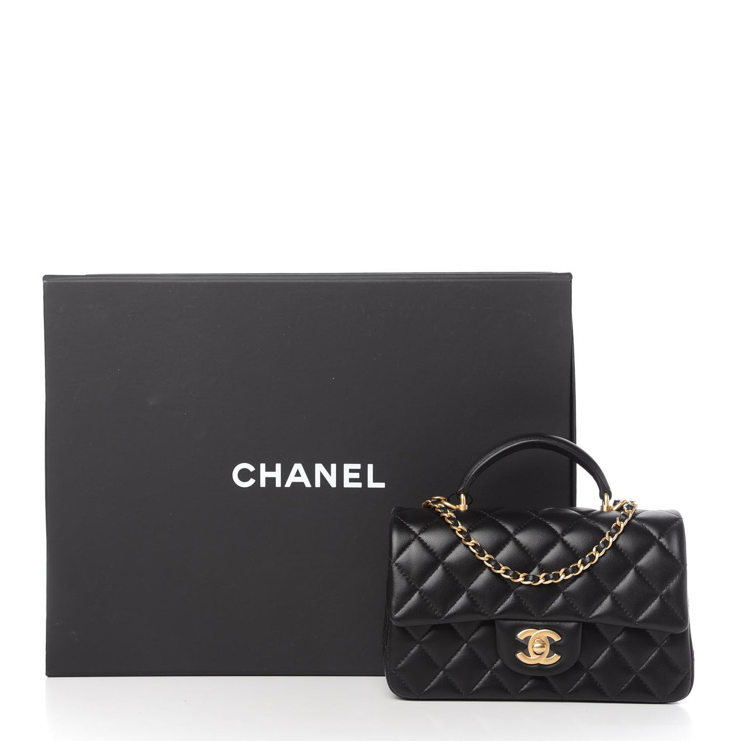 Lambskin Quilted Mini Top Handle Rectangular Flap Black