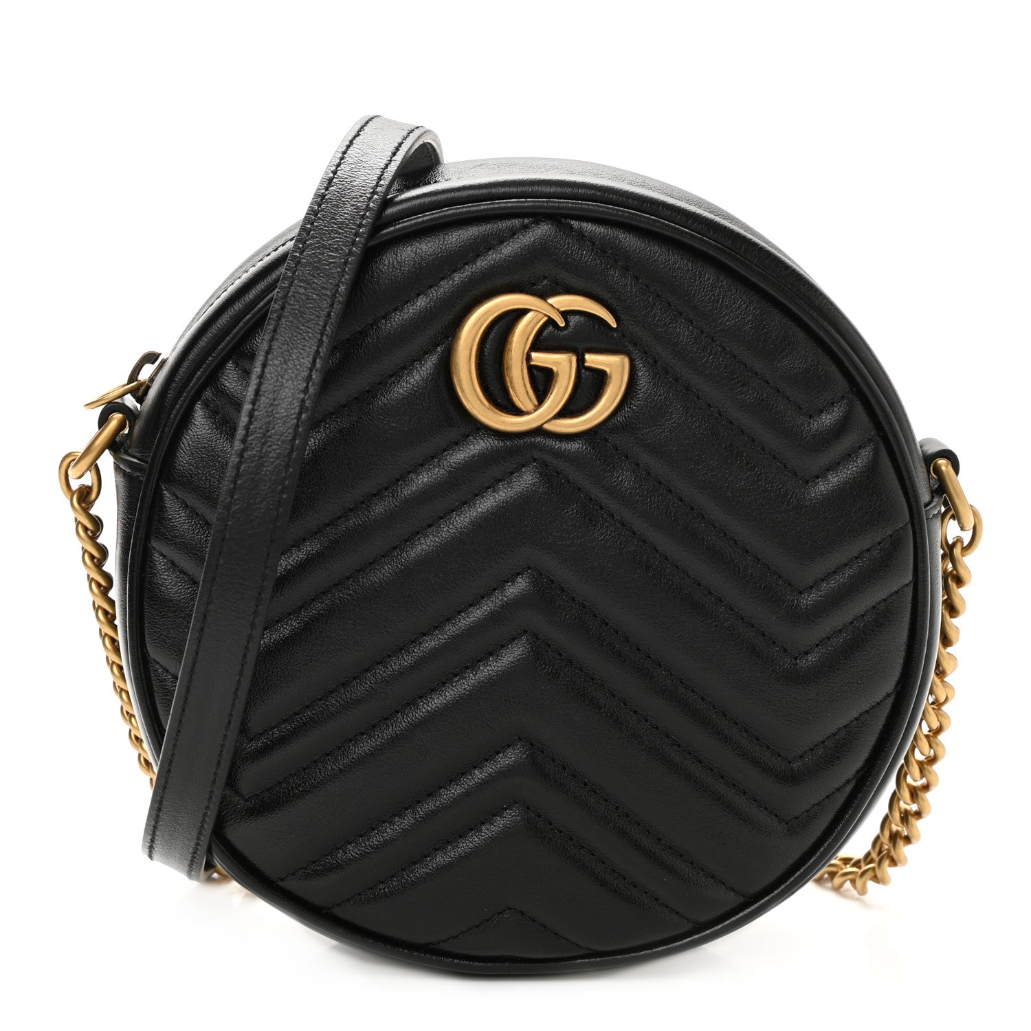 product image of GUCCI Calfskin Matelasse Mini GG Marmont Round Shoulder Bag Black FASHIONPHILE