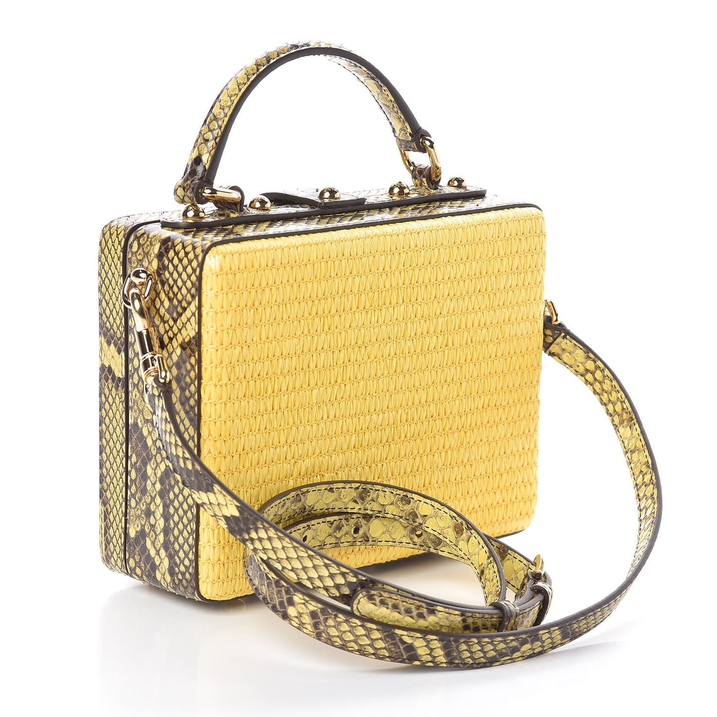 Python Raffia Padlock Box Bag Yellow