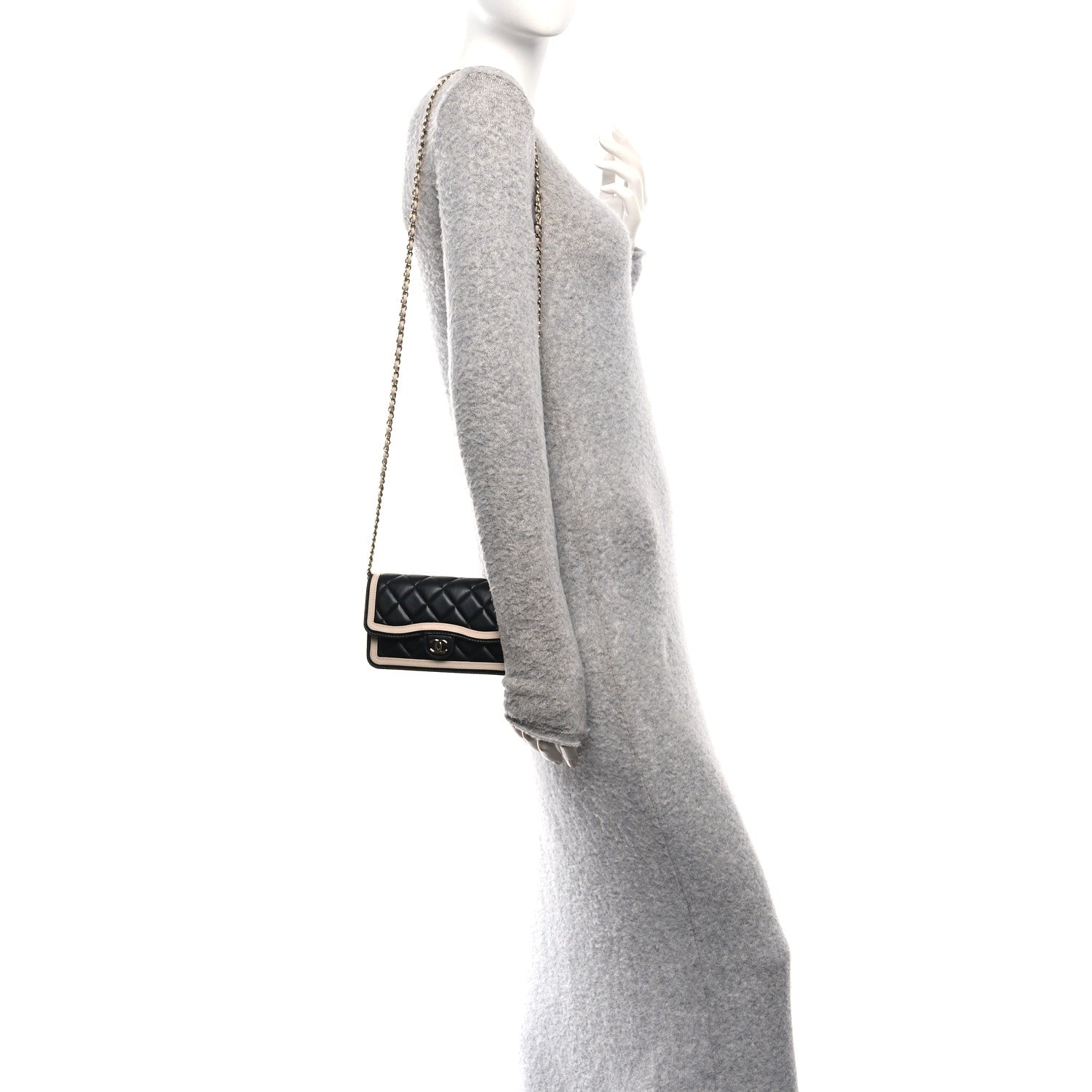 Chanel Lambskin Quilted Phone Holder Wallet With Chain Black Beige 2 of 11