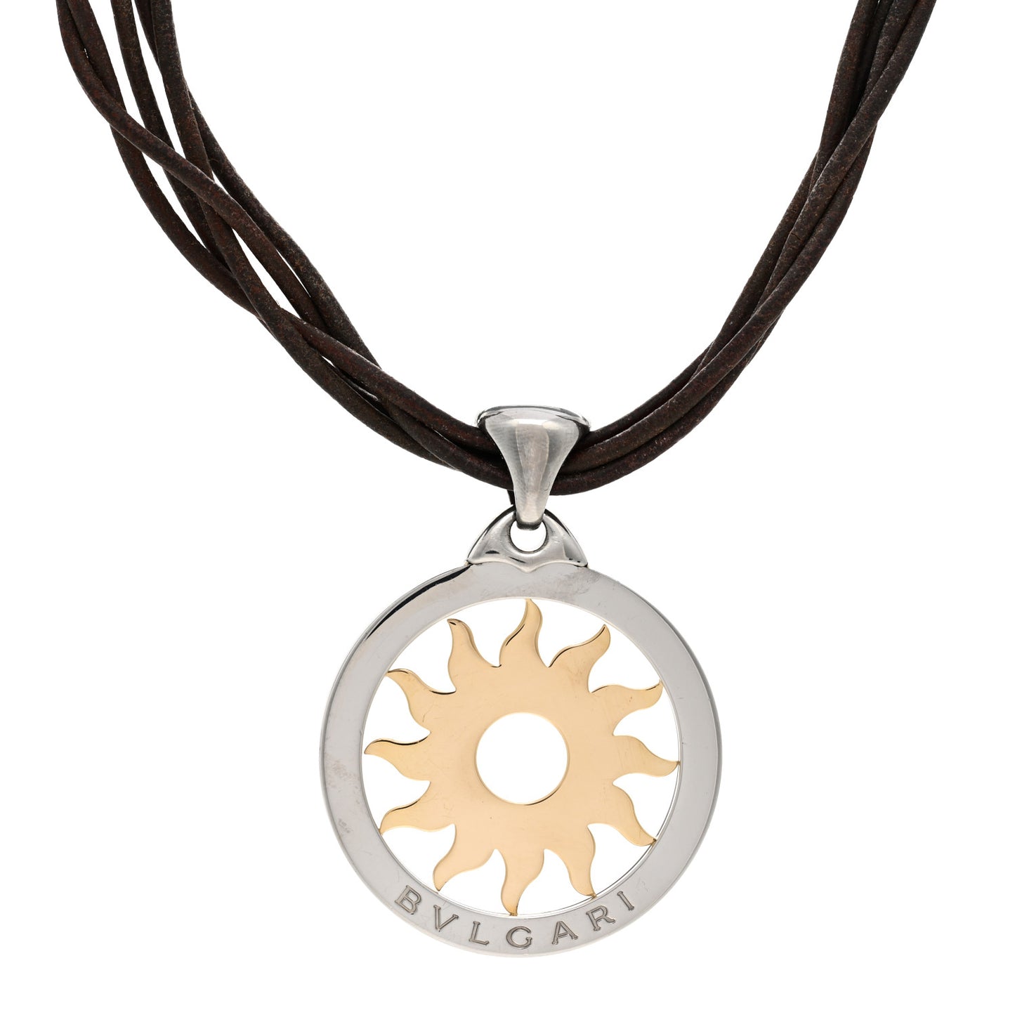 Stainless Steel 18K Yellow Gold Calfskin Tondo Sun Pendant Necklace