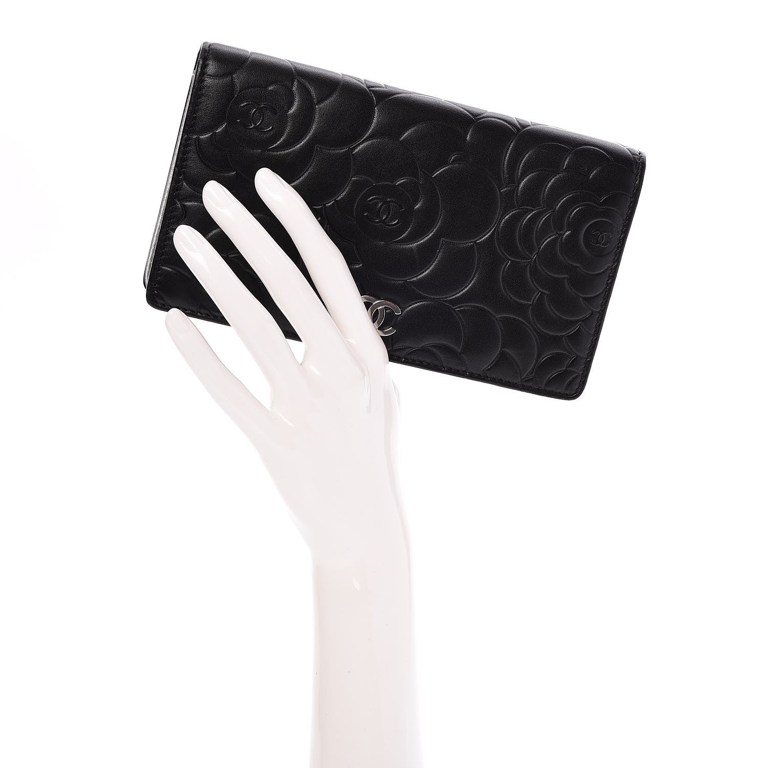 Chanel Lambskin Camellia Embossed Yen Wallet Black 2 of 9