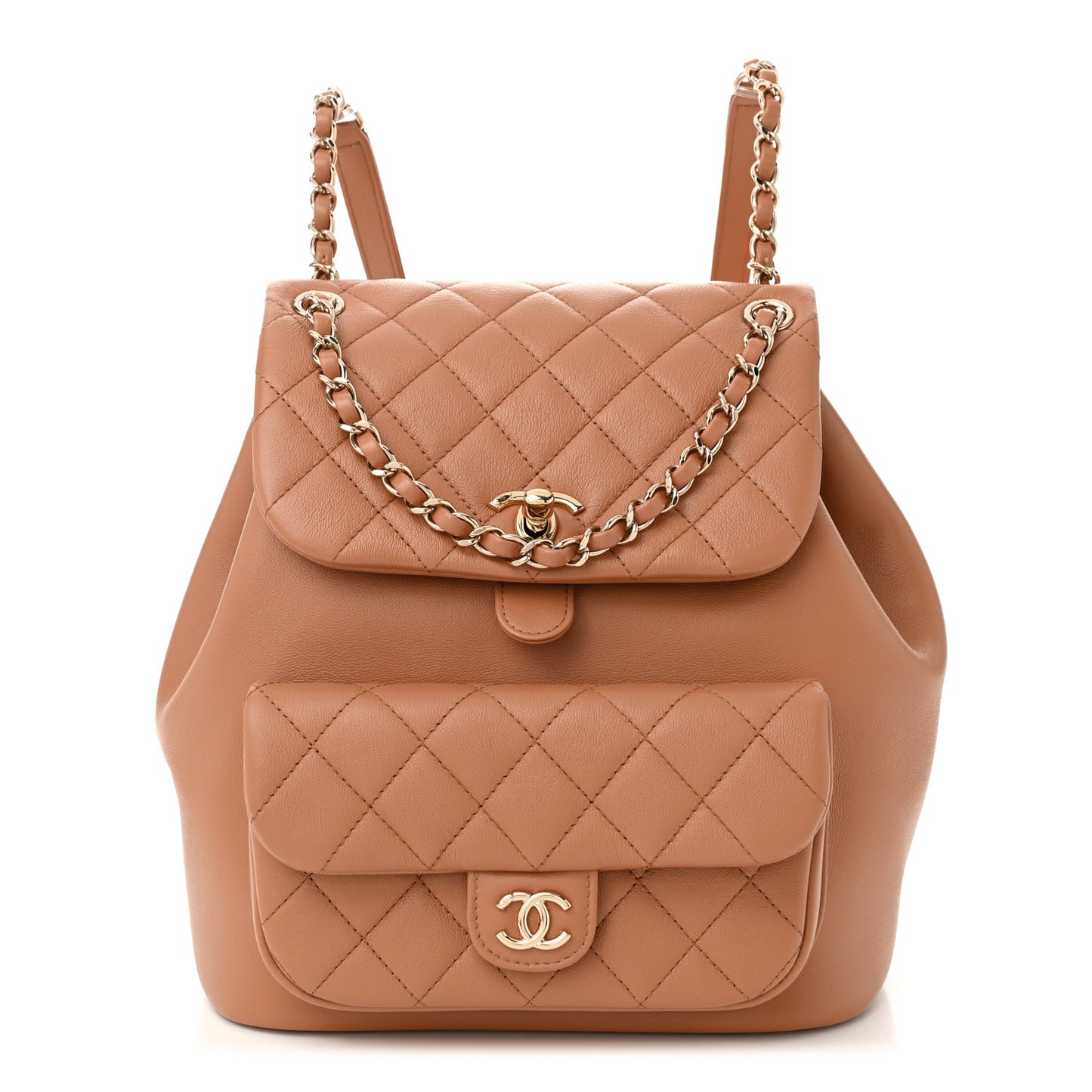 Calfskin Quilted Medium Duma Pockets Drawstring Backpack Dark Beige