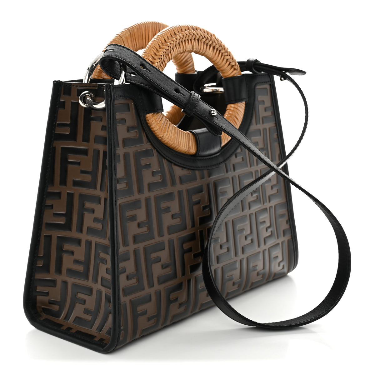 Fendi Vitello Century Wicker Bi-Color FF 1974 Embossed Small Runaway Shopper Tote Maya Black 3 of 10