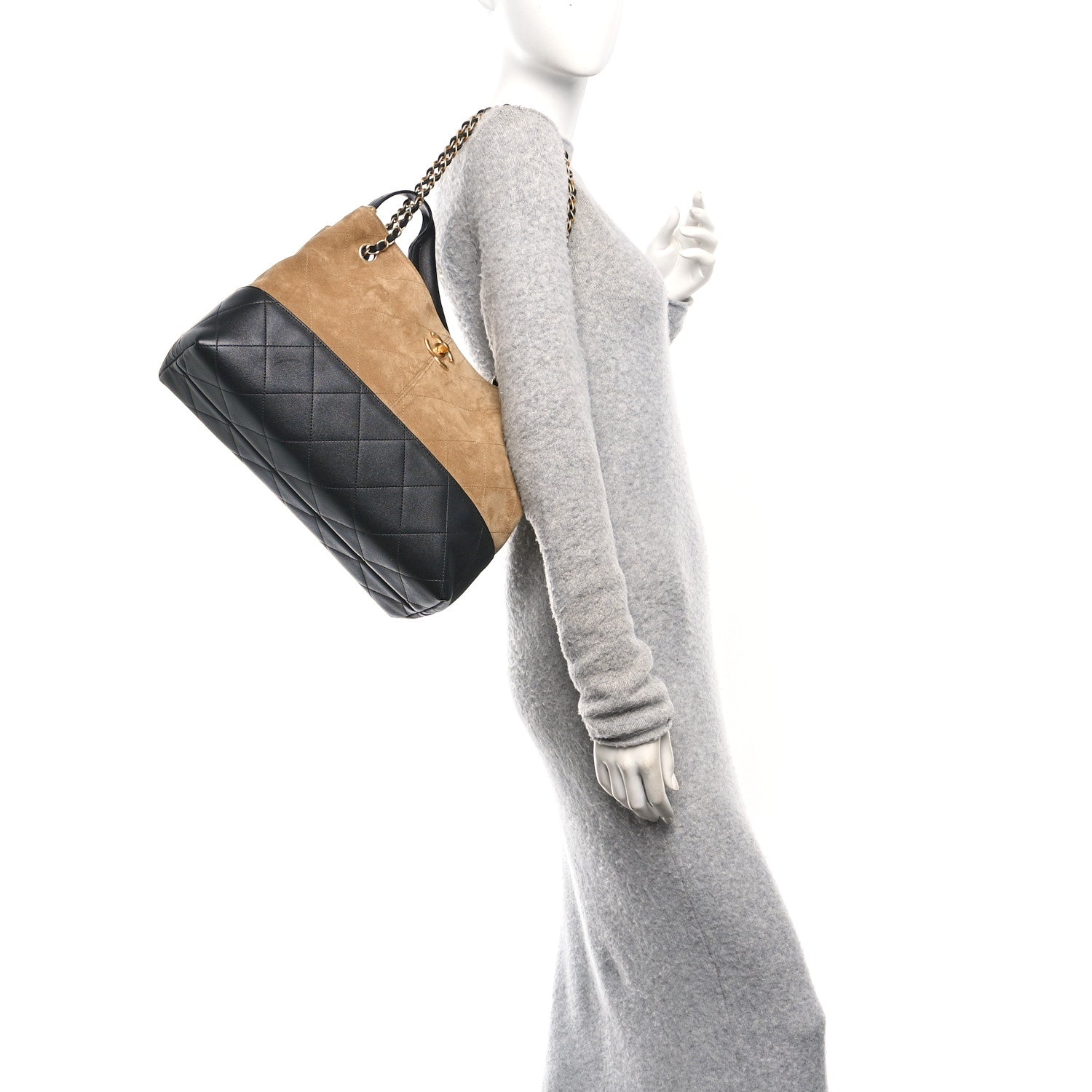 Chanel Suede Calfskin Shiny Lambskin Quilted Small Coco Base Shopping Bag Beige Black 2 of 10