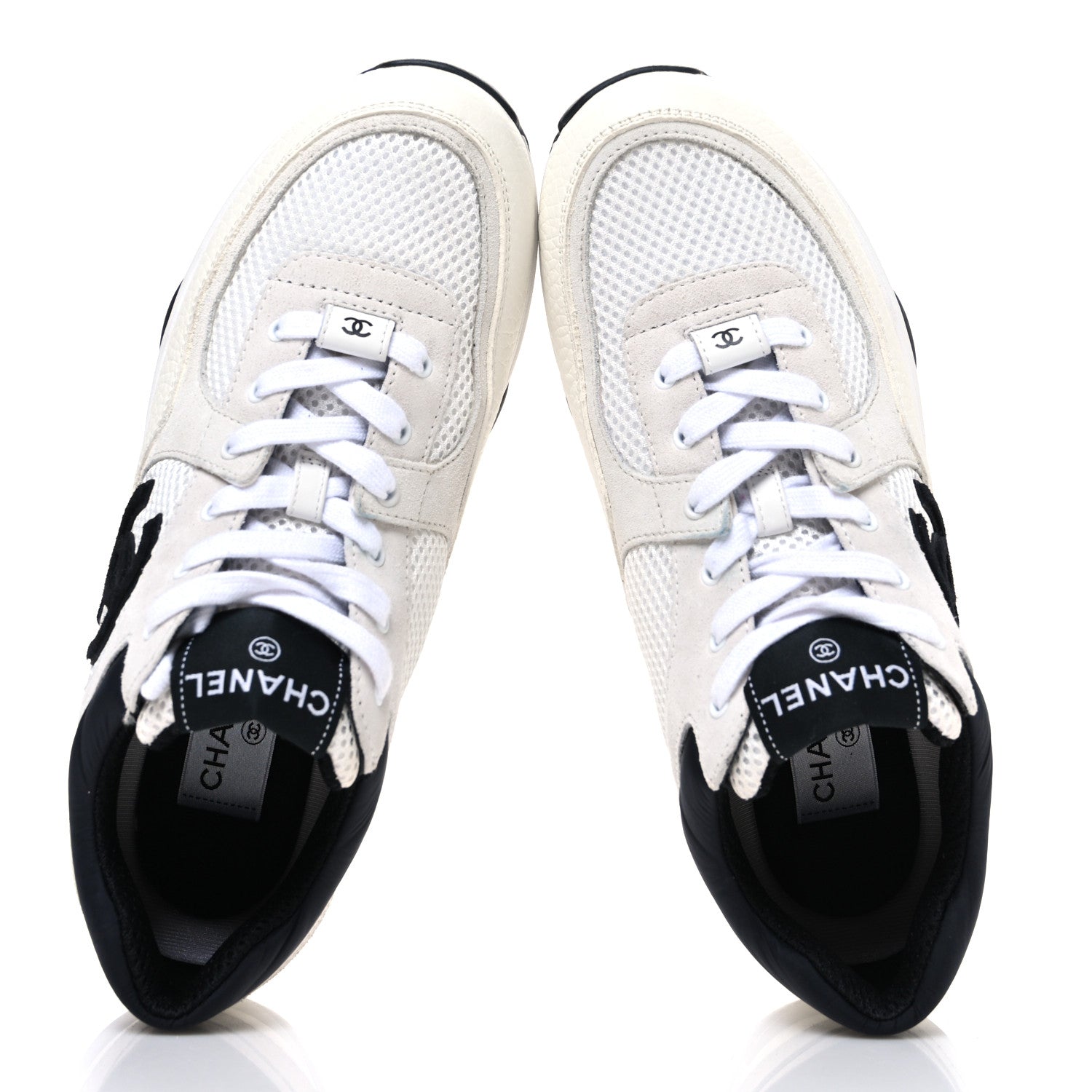 Chanel Mesh Suede Calfskin Grained Calfskin Womens CC Sneakers 40 White Black 2 of 11
