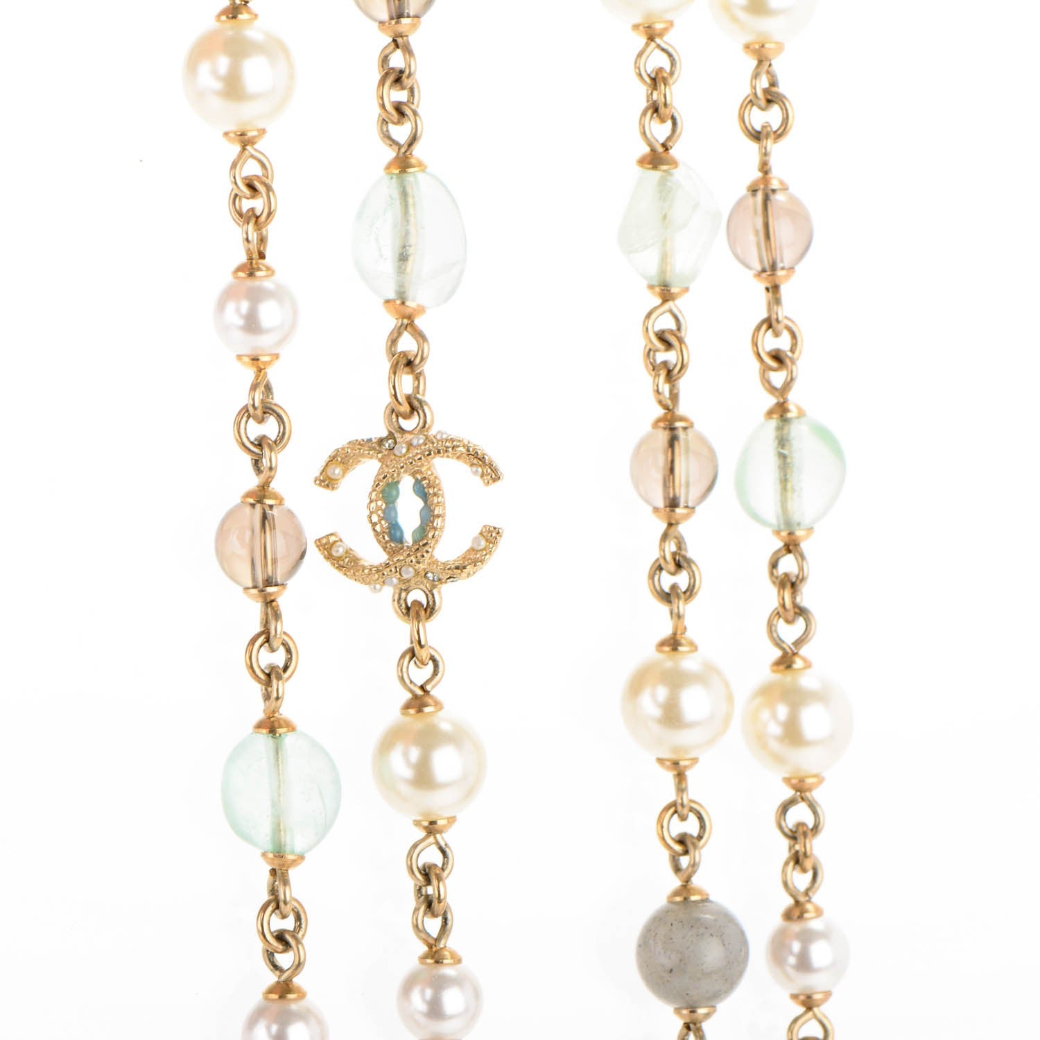 Chanel Pearl Beaded CC Long Necklace Blue Green Gold 3 of 4