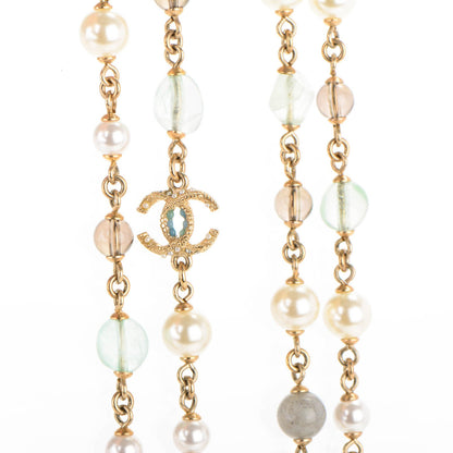 Chanel Pearl Beaded CC Long Necklace Blue Green Gold 3 of 4