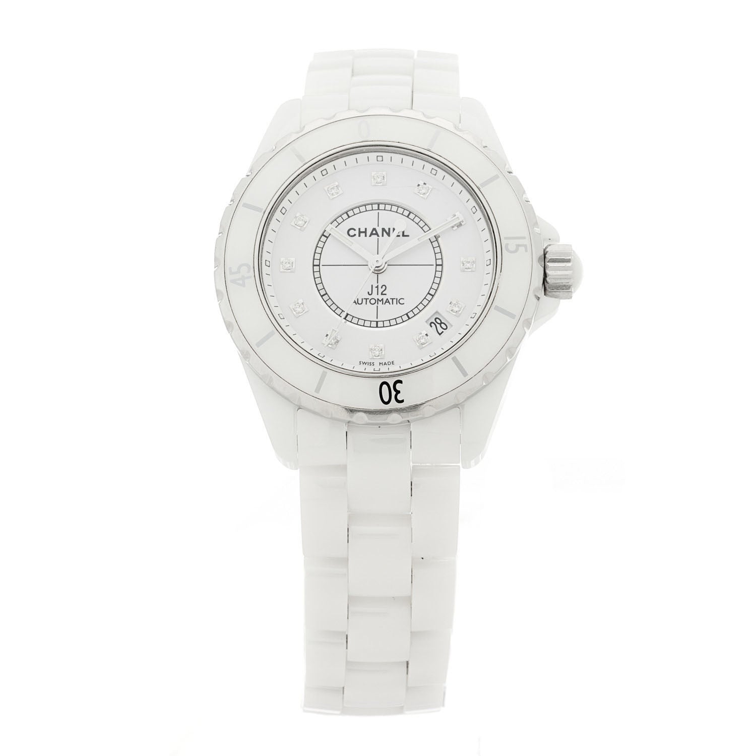 Chanel Stainless Steel Ceramic Diamond 38mm J12 Automatic Watch White 1 of 5
