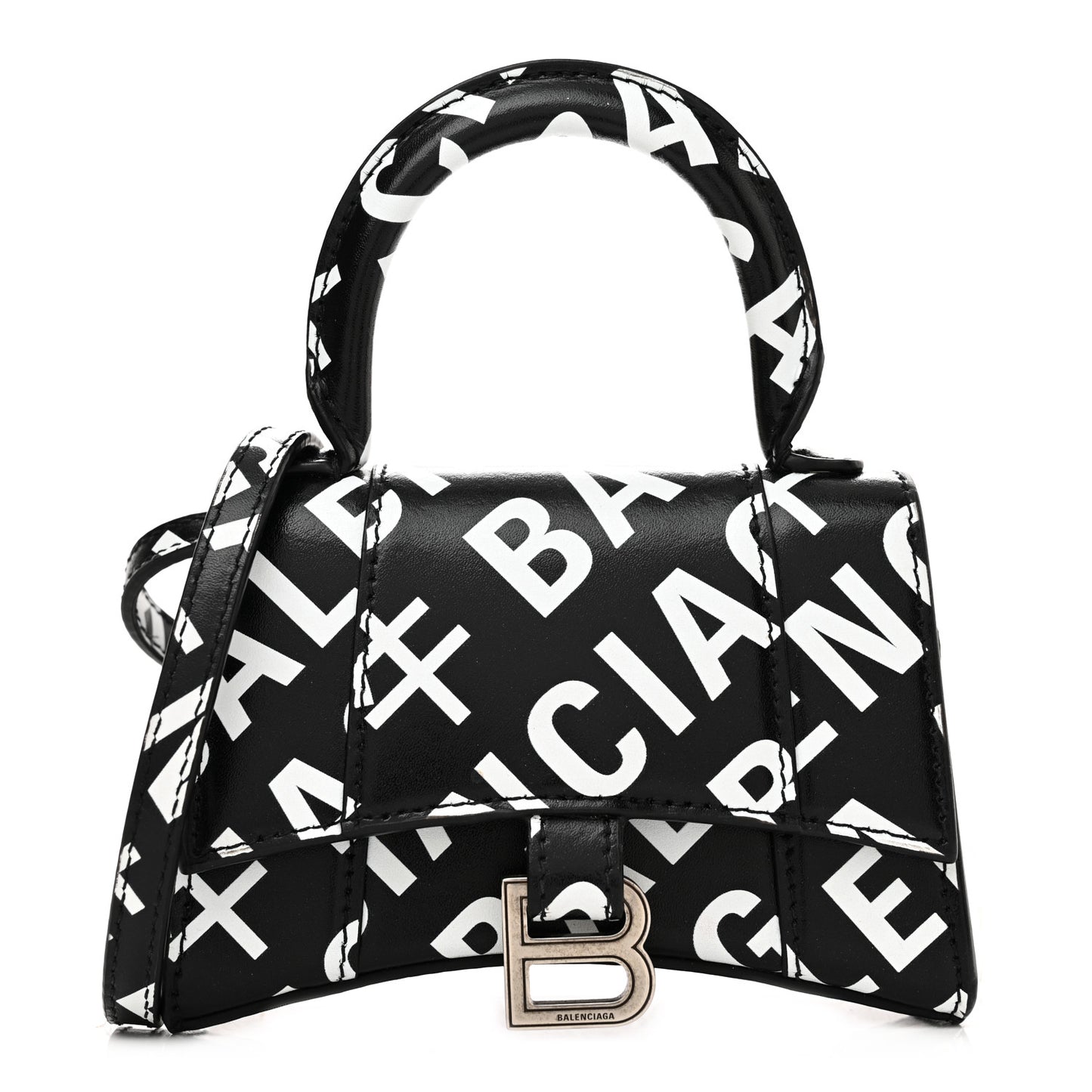 Smooth Calfskin Allover Logo Print Hourglass Top Handle Bag Mini Black White