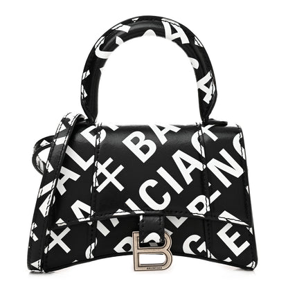 Balenciaga Smooth Calfskin Allover Logo Print Hourglass Top Handle Bag Mini Black White 1 of 11