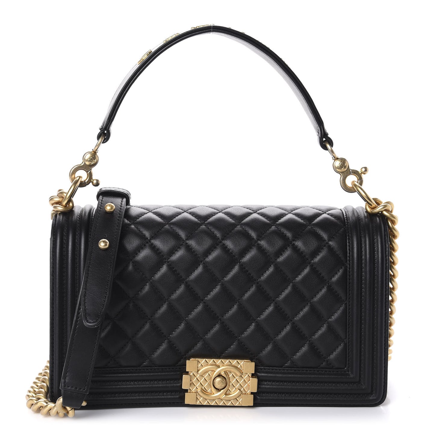 Lambskin Quilted Medium Boy Top Handle Flap Black