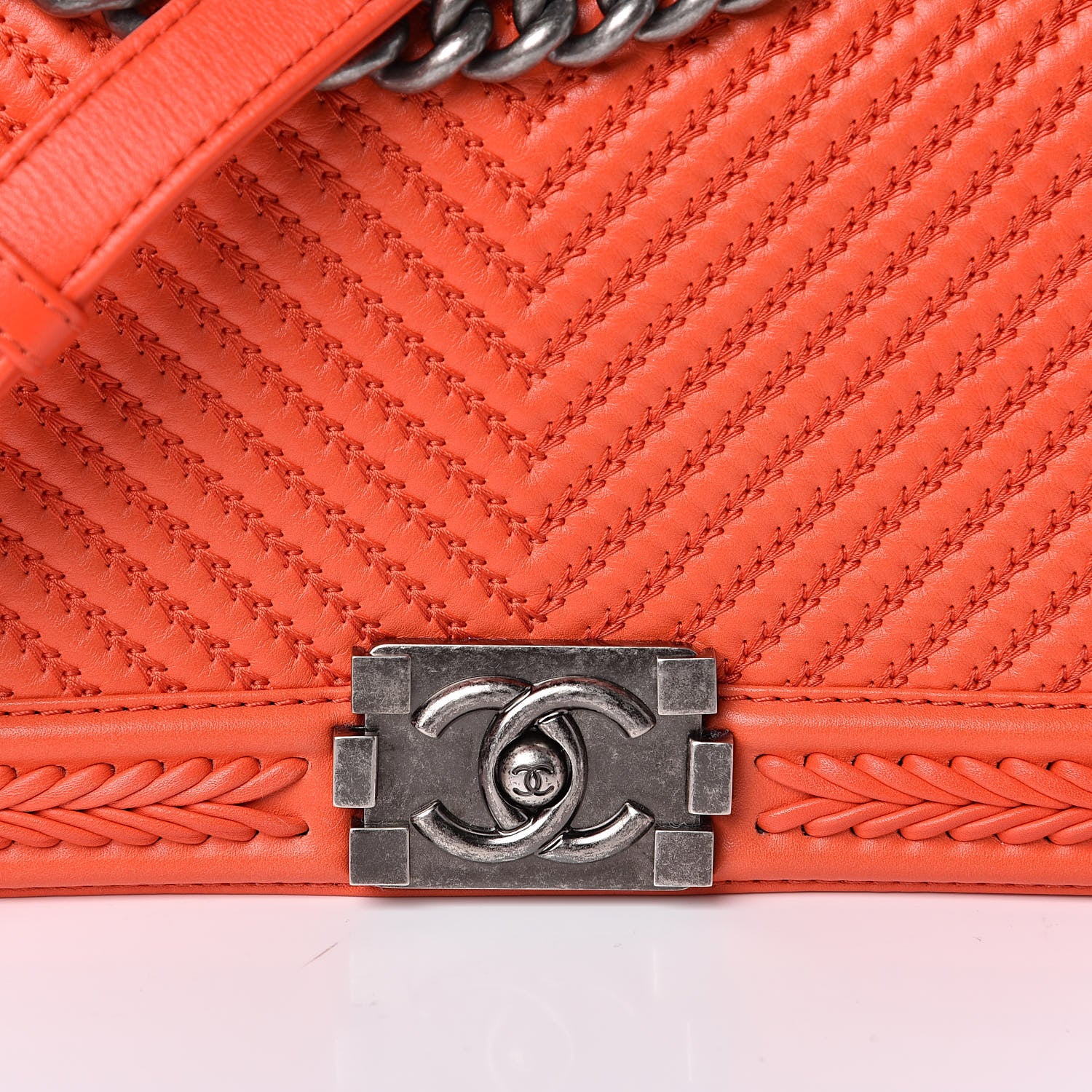 Chanel Calfskin Chevron Quilted Medium Braided Boy Flap Orange 10 of 11