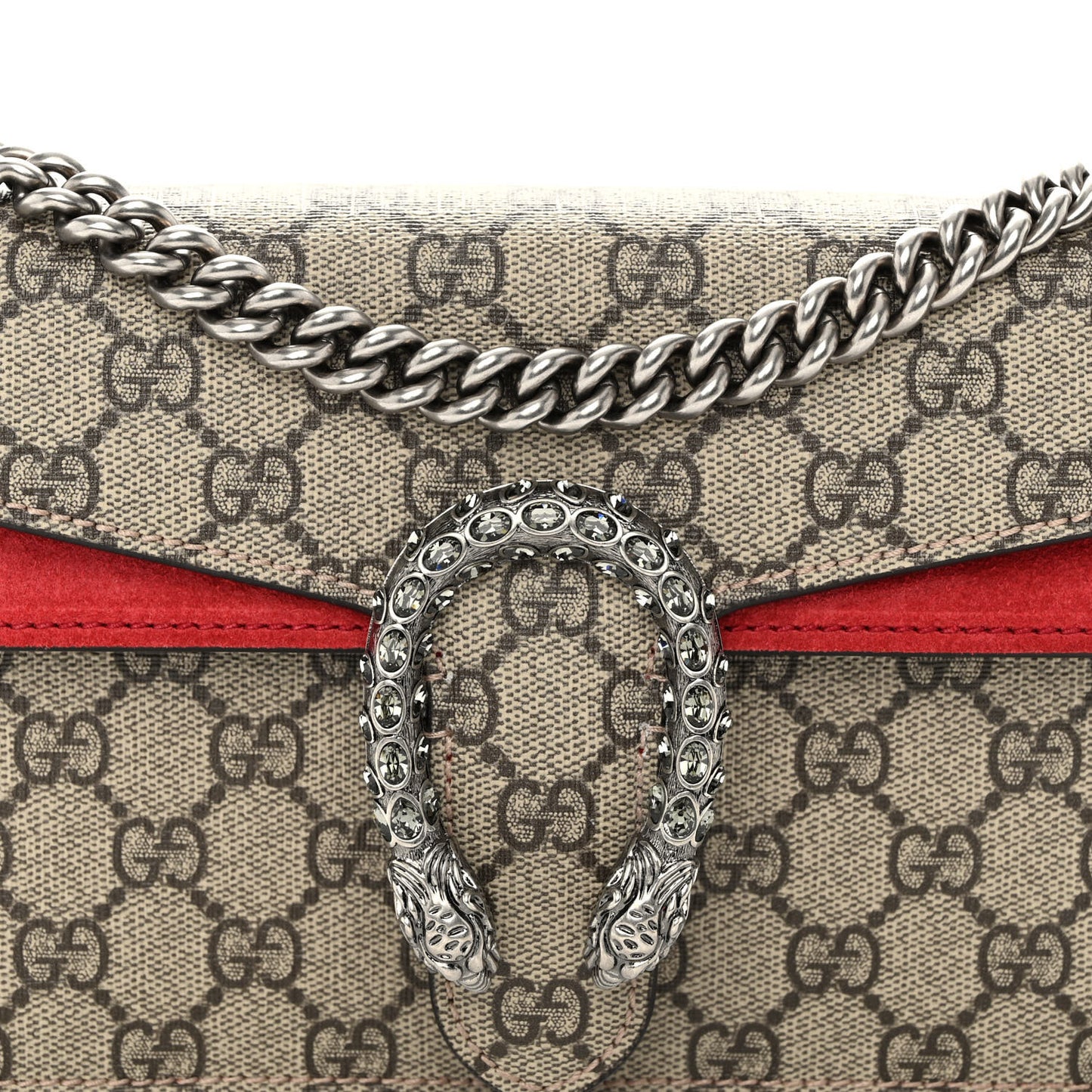 GG Supreme Monogram Suede Crystal Small Dionysus Shoulder Bag Beige Ebony Vulcanic Red
