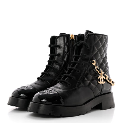 Chanel Shiny Calfskin Patent Quilted Chain Lace Up Combat Boots 37 Black 3 of 15