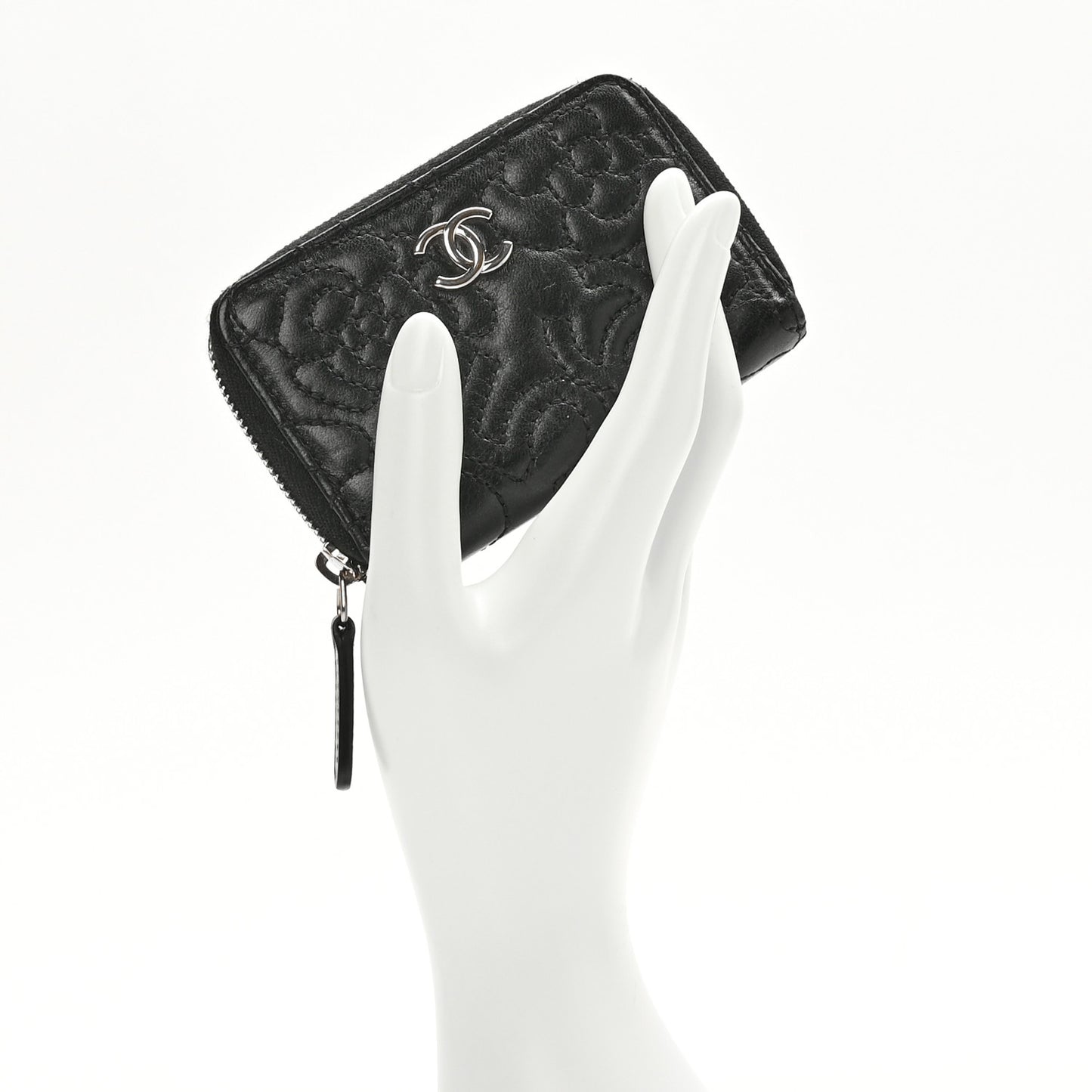 Lambskin Camellia Embossed Zip Coin Purse Black