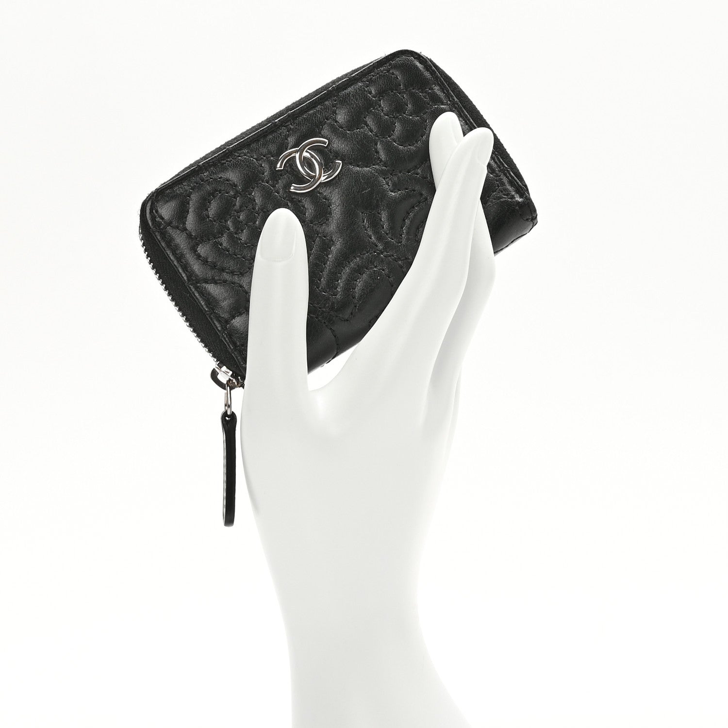 Chanel Lambskin Camellia Embossed Zip Coin Purse Black 2 of 7