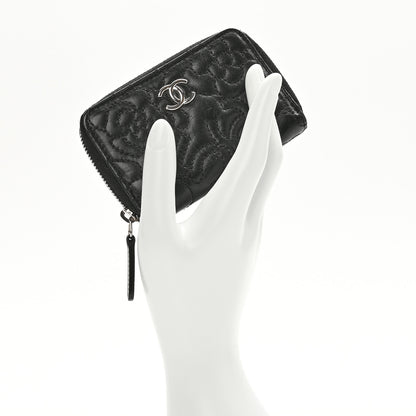 Chanel Lambskin Camellia Embossed Zip Coin Purse Black 2 of 7