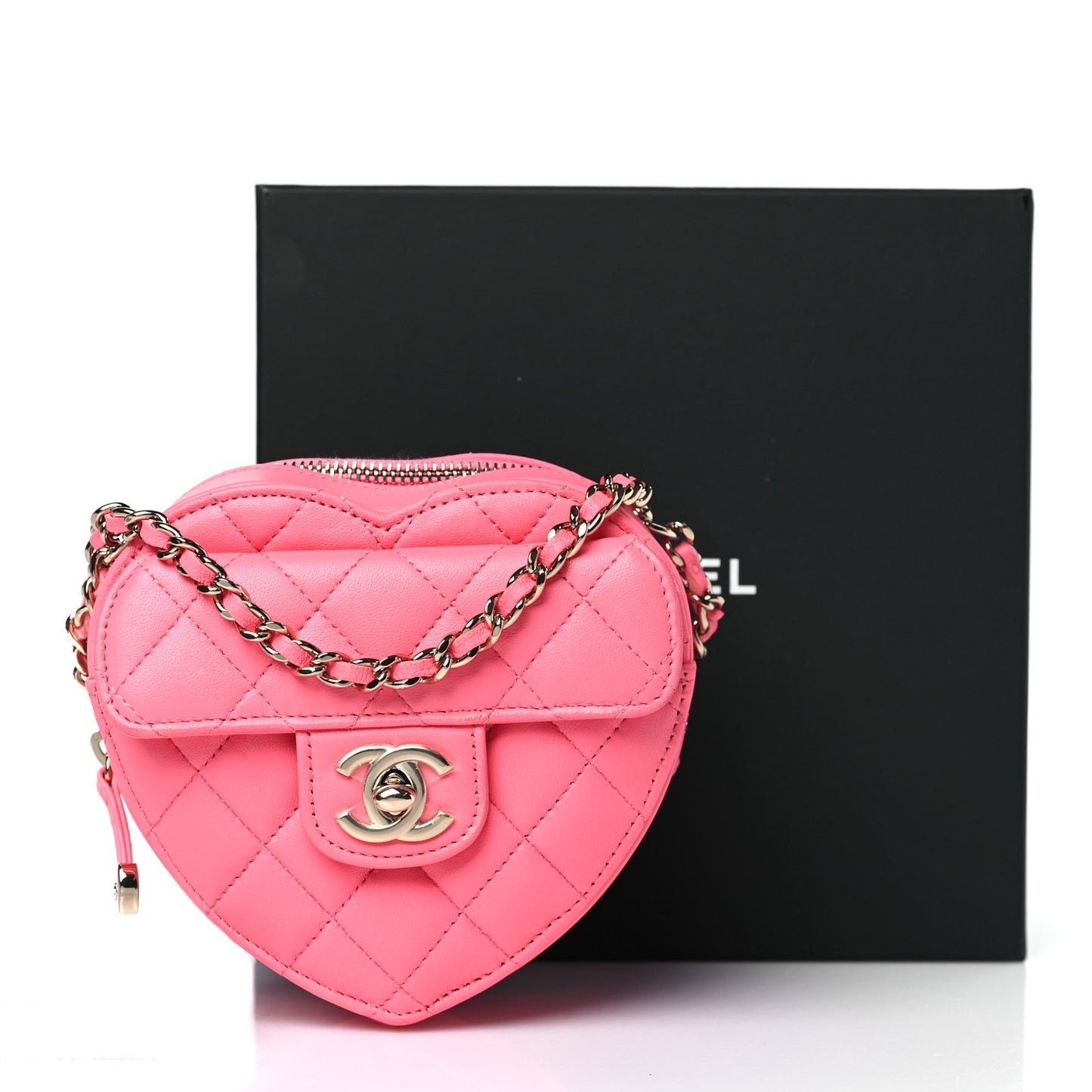 Lambskin Quilted CC In Love Heart Clutch With Chain Pink