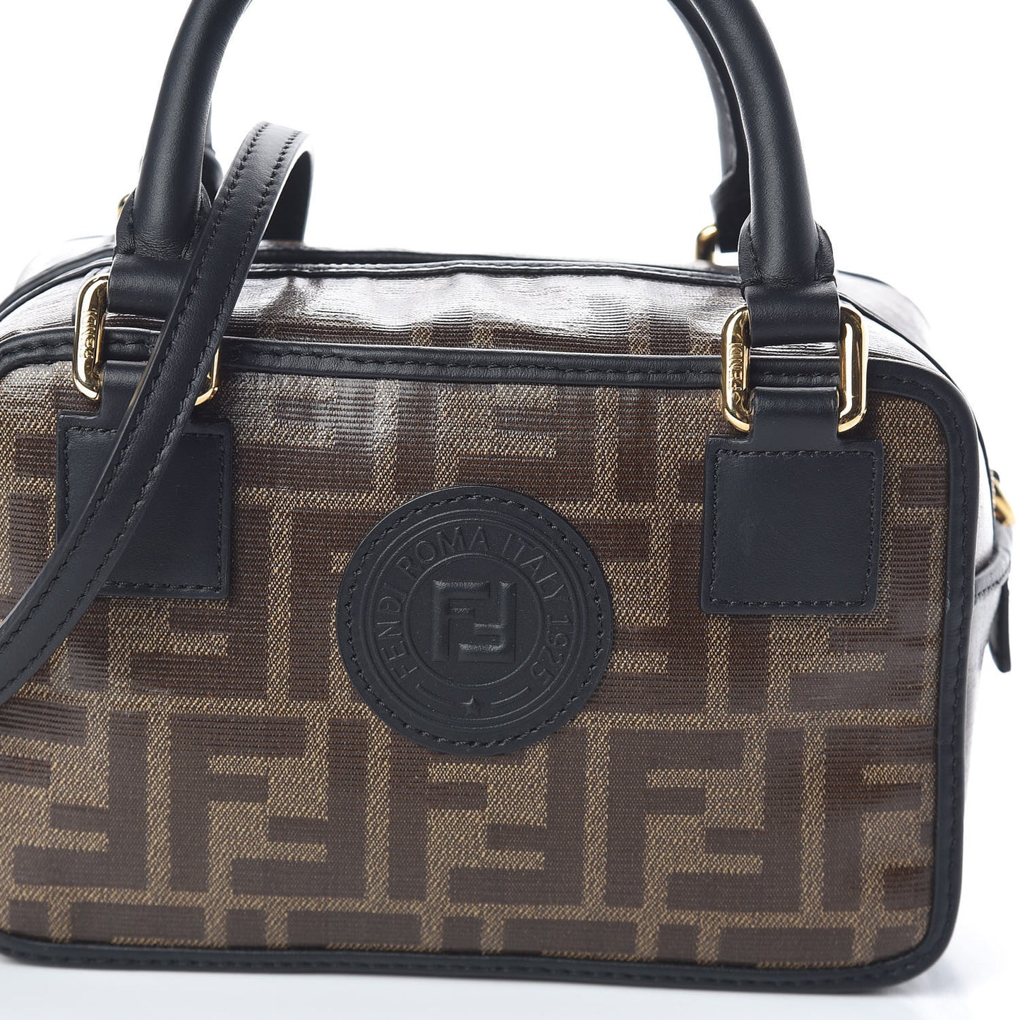 Glazed Fabric Vitello Century FF 1974 Stamp Patch Mini Boston Box Bag Mogano Panna Black