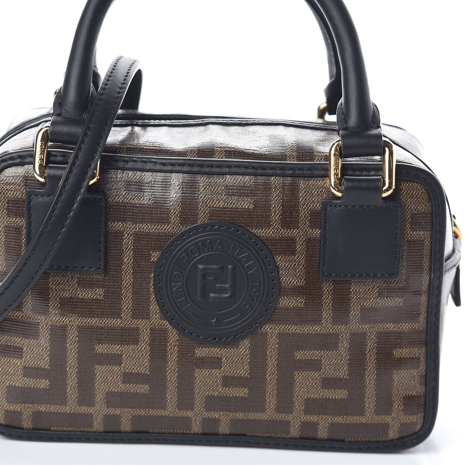 Fendi Glazed Fabric Vitello Century FF 1974 Stamp Patch Mini Boston Box Bag Mogano Panna Black 8 of 10