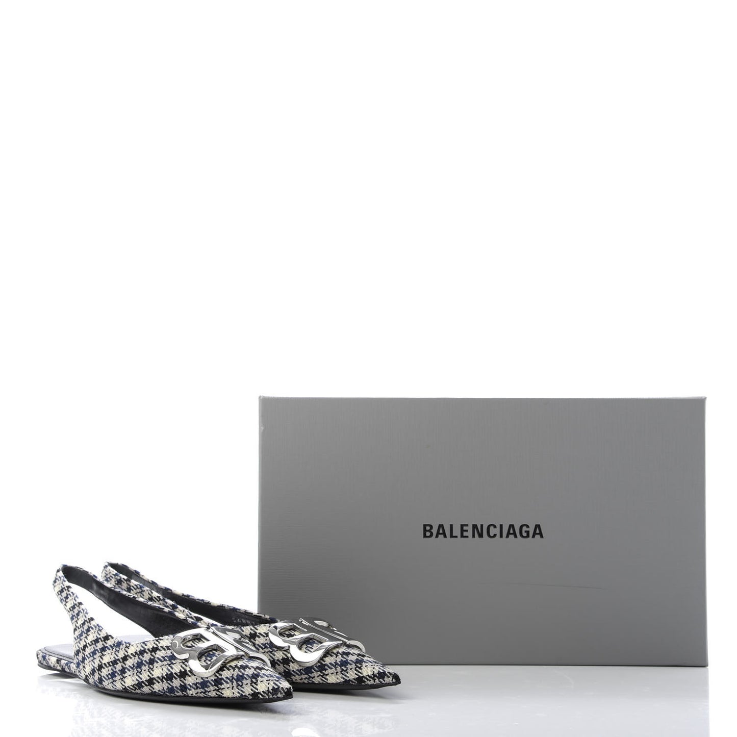 Tweed Prince Of Wales BB Knife Pointy Toe Slingback Flats 39 Beige Navy Silver
