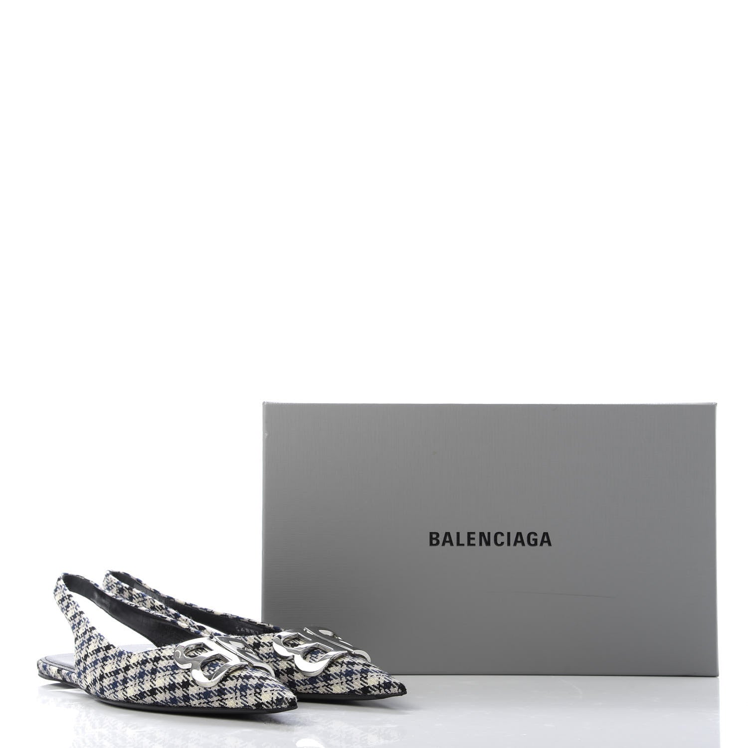 Balenciaga Tweed Prince Of Wales BB Knife Pointy Toe Slingback Flats 39 Beige Navy Silver 9 of 9