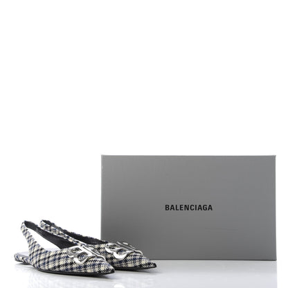Balenciaga Tweed Prince Of Wales BB Knife Pointy Toe Slingback Flats 39 Beige Navy Silver 9 of 9