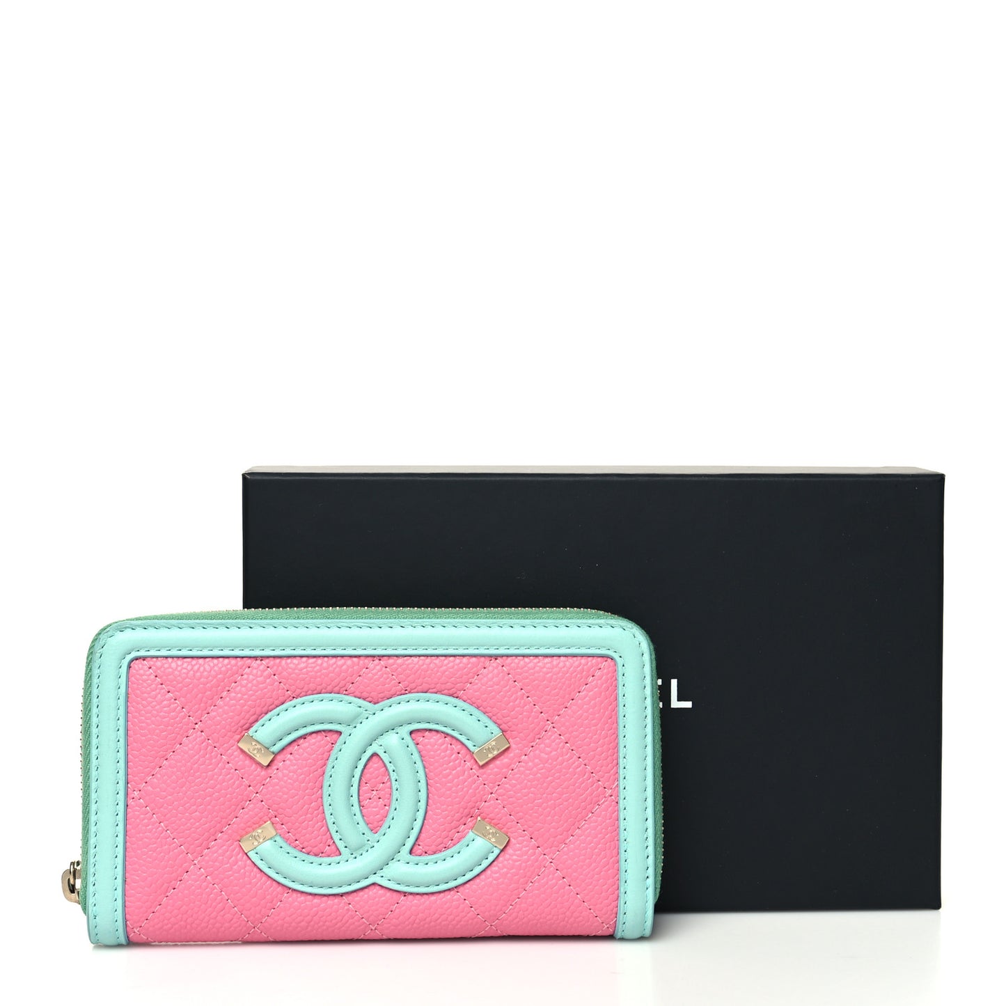 Caviar Quilted Medium Filigree Zip Around Wallet Pink Blue Green