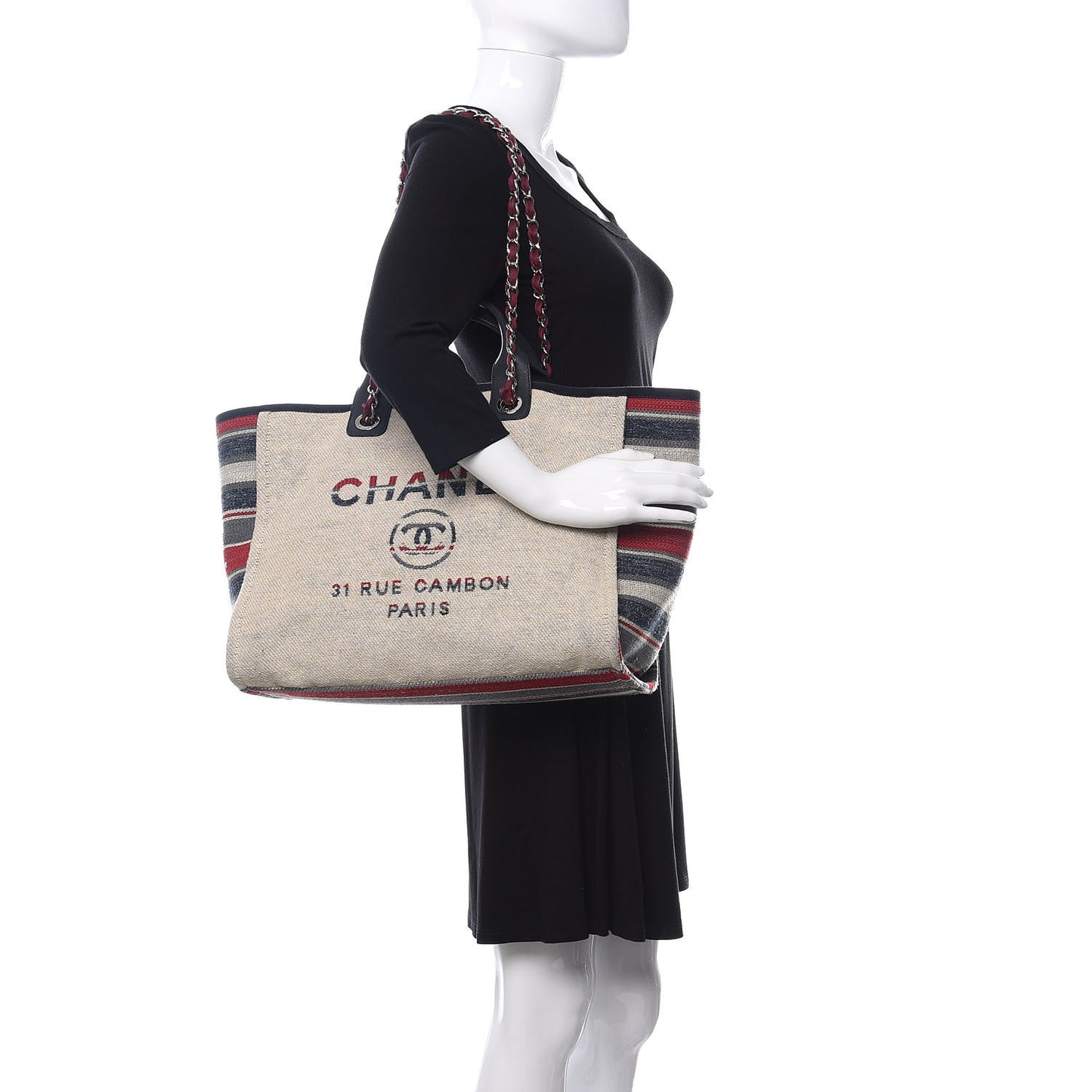 Striped Canvas Medium Deauville Tote Beige