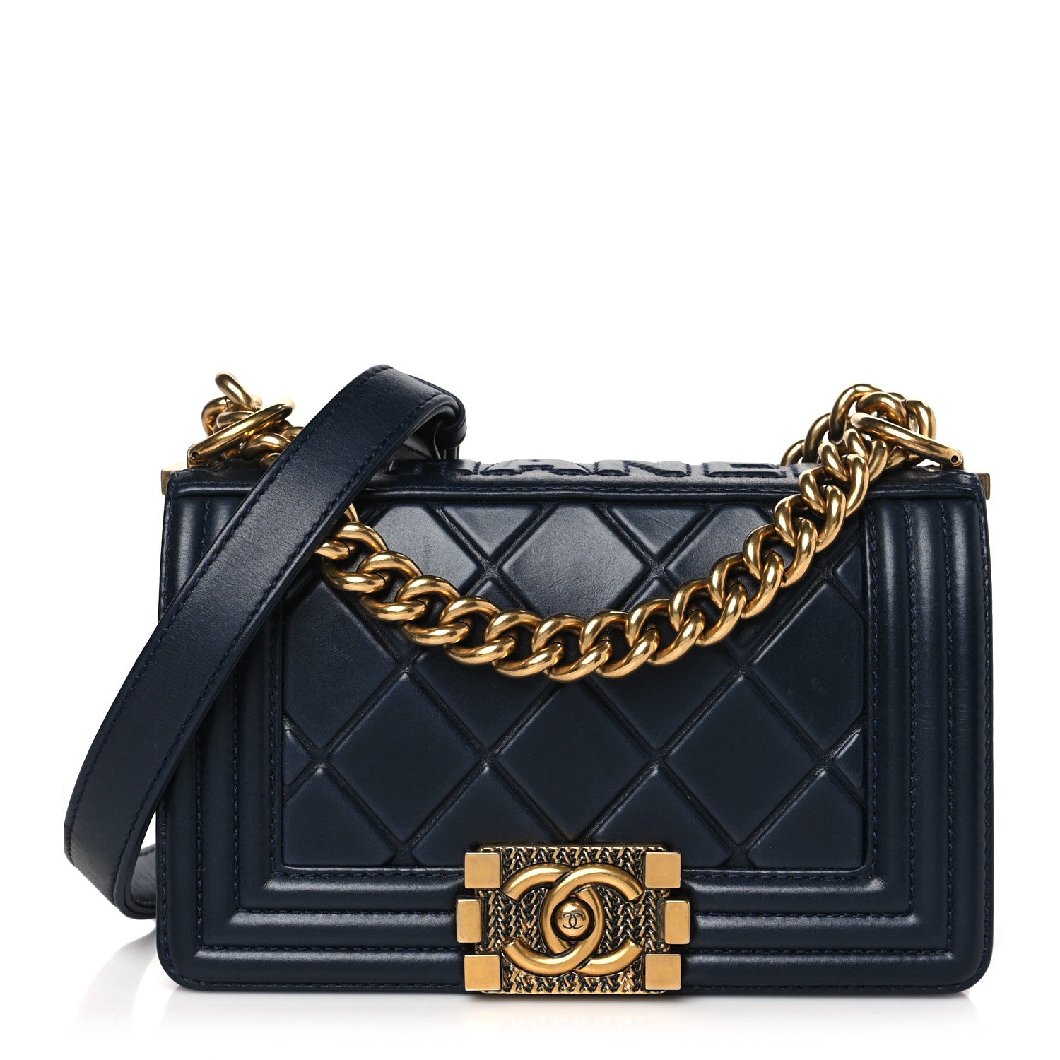 Chanel Calfskin Embossed Small Paris Salzburg Boy Flap Navy 1 of 9