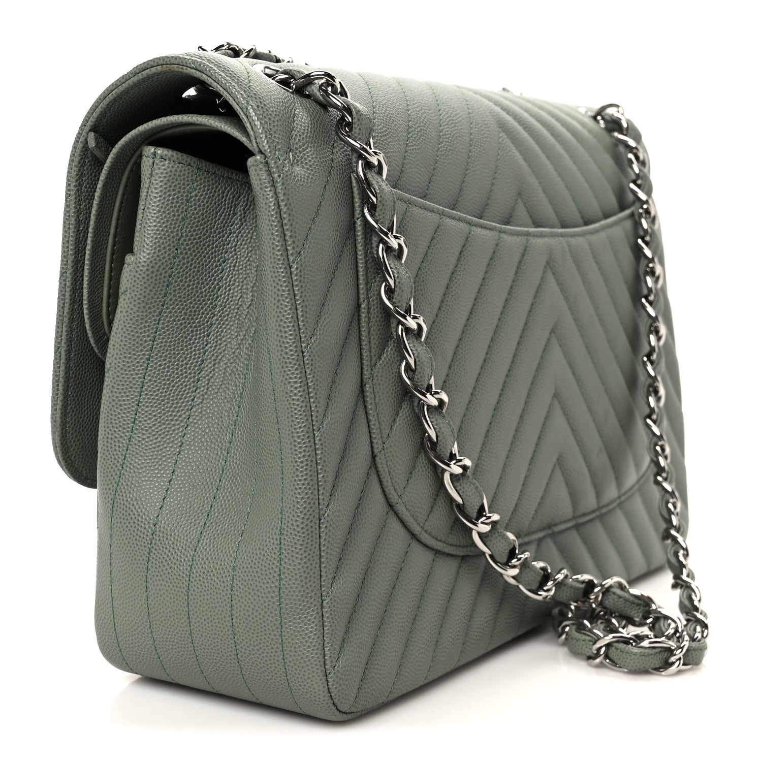 Chanel Caviar Chevron Quilted Jumbo Double Flap Green 3 of 11