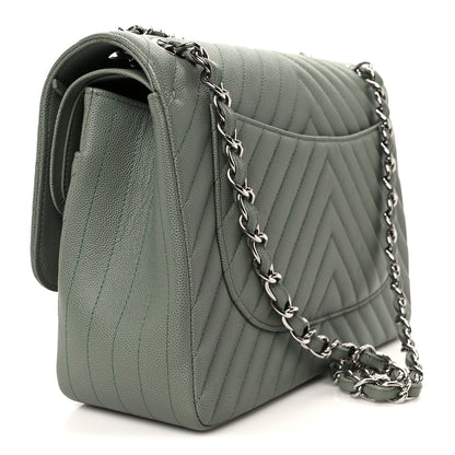 Chanel Caviar Chevron Quilted Jumbo Double Flap Green 3 of 11