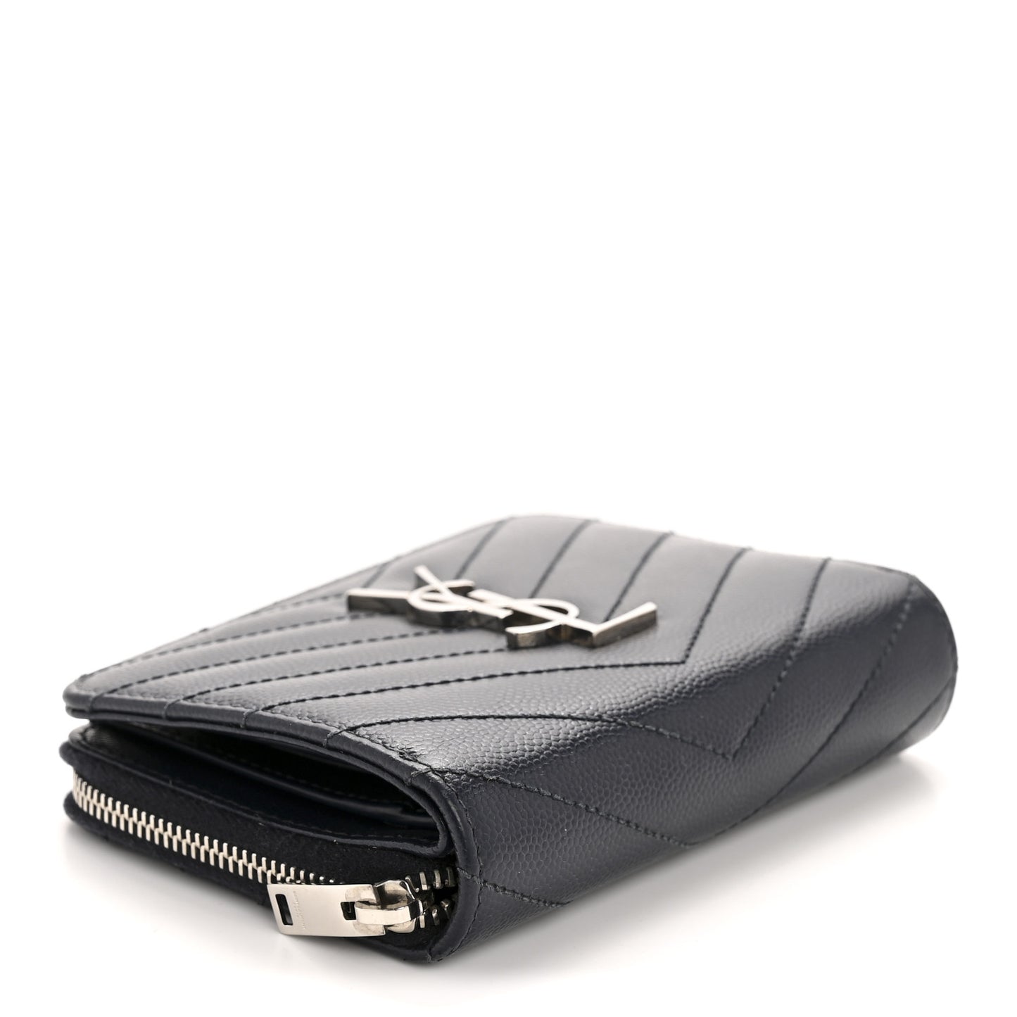 Grain De Poudre Matelasse Chevron Monogram Compact Zip Around Wallet Deep Marine