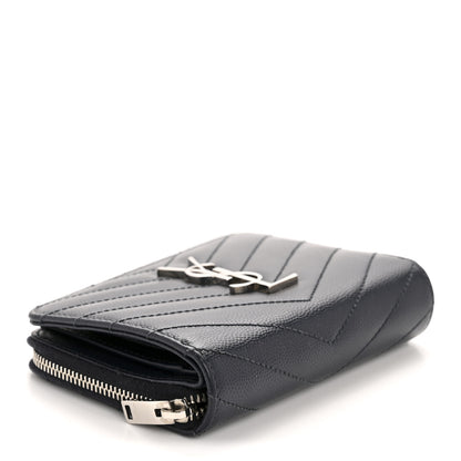 Saint Laurent Grain De Poudre Matelasse Chevron Monogram Compact Zip Around Wallet Deep Marine 4 of 11