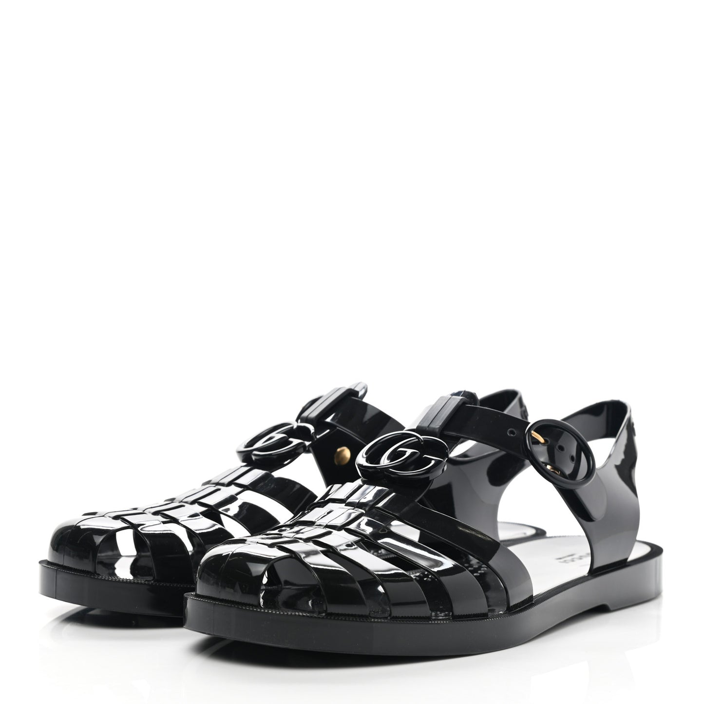 Shiny Rubber Double G Buckle Strap Sandals 40 Black