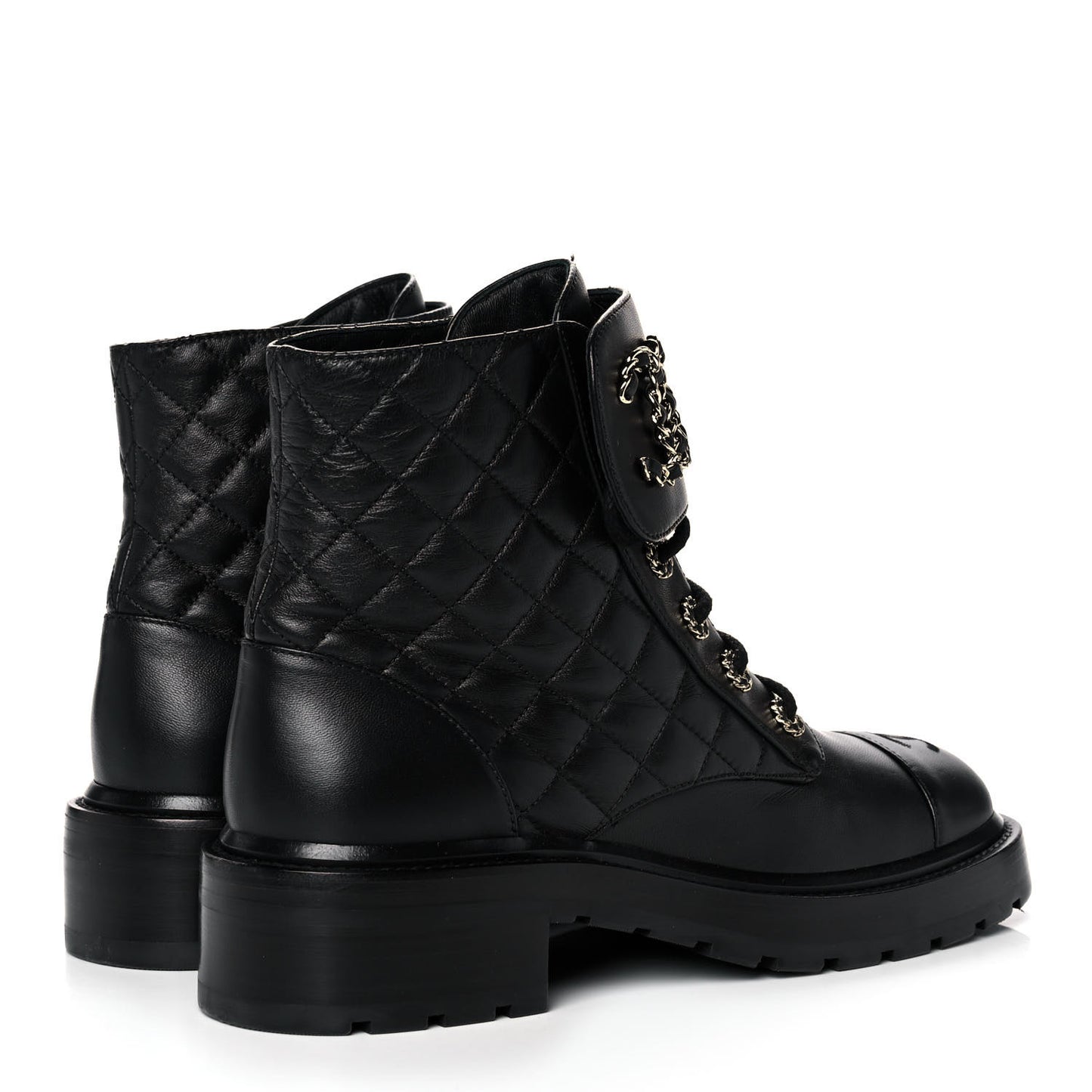 Shiny Lambskin Quilted Lace Up Combat Boots 39 Black