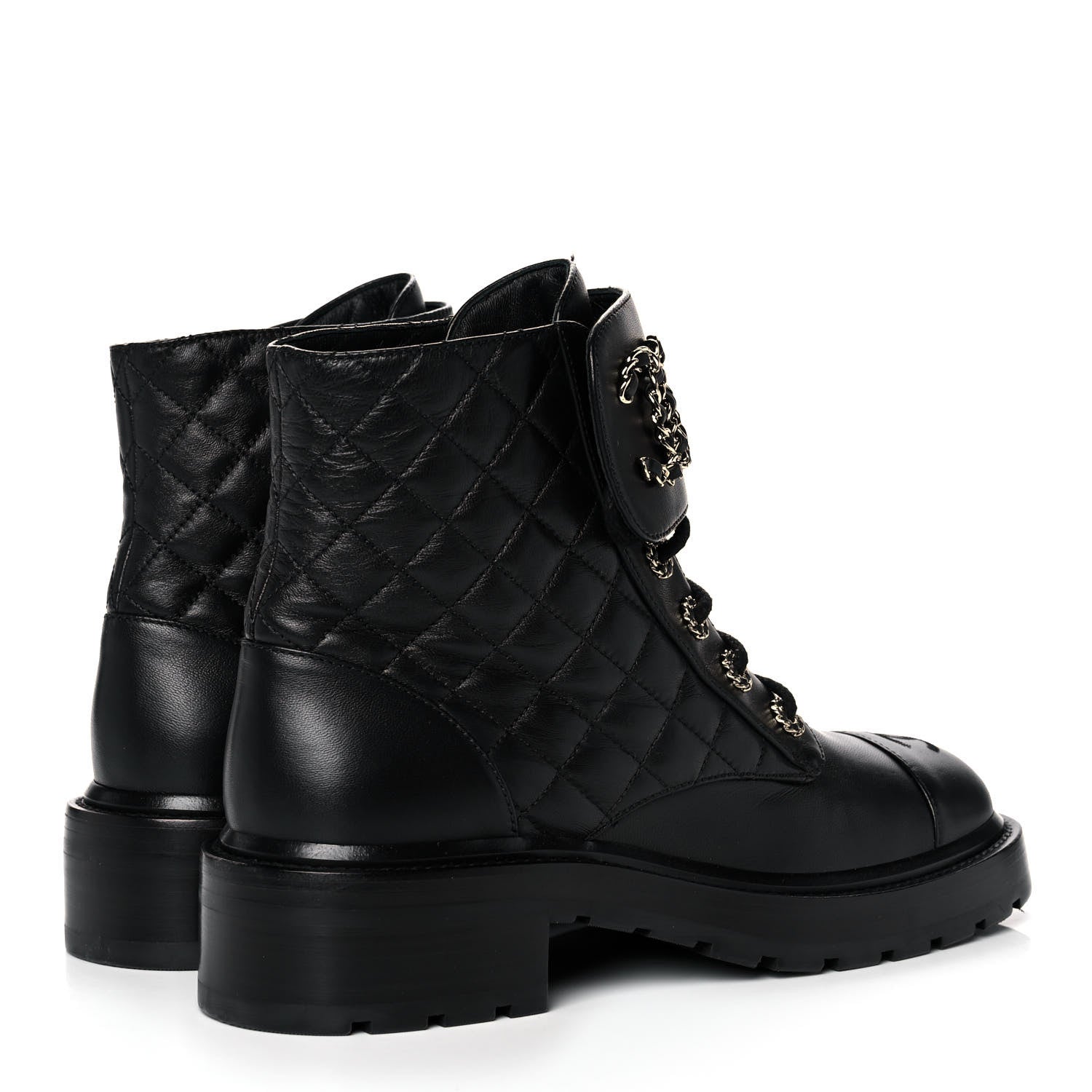 Chanel Shiny Lambskin Quilted Lace Up Combat Boots 39 Black 4 of 9