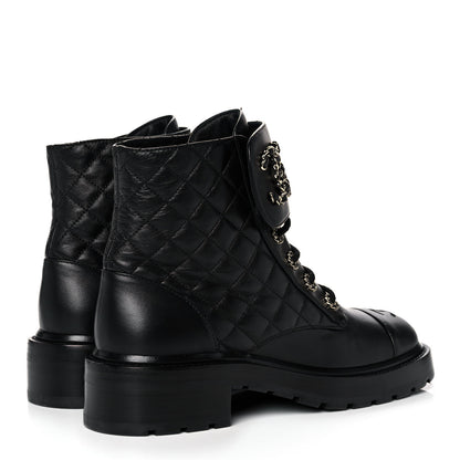 Chanel Shiny Lambskin Quilted Lace Up Combat Boots 39 Black 4 of 9
