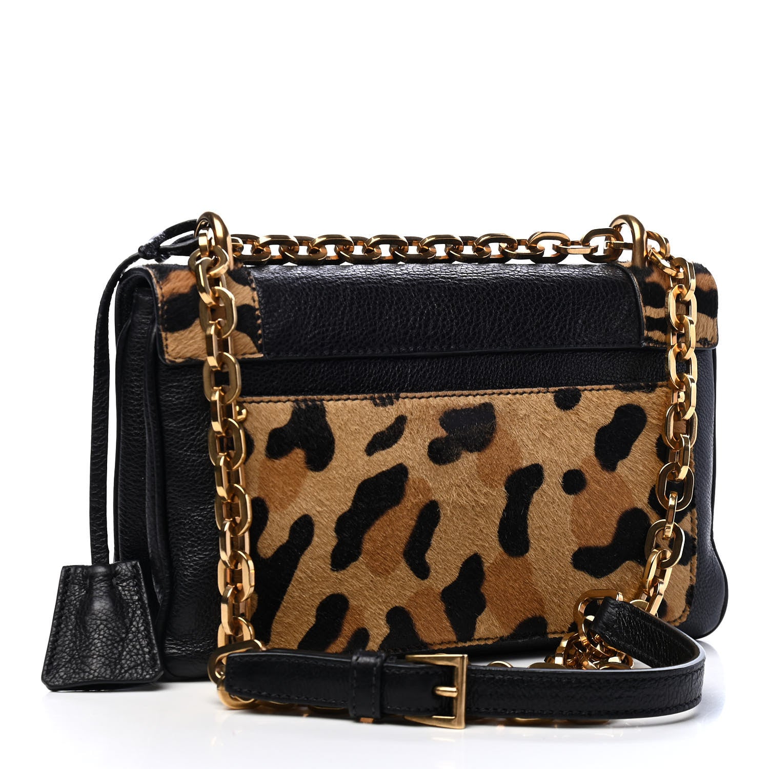 Prada Calfskin Calf Hair Leopard Print Chain Crossbody Bag Black 2 of 9
