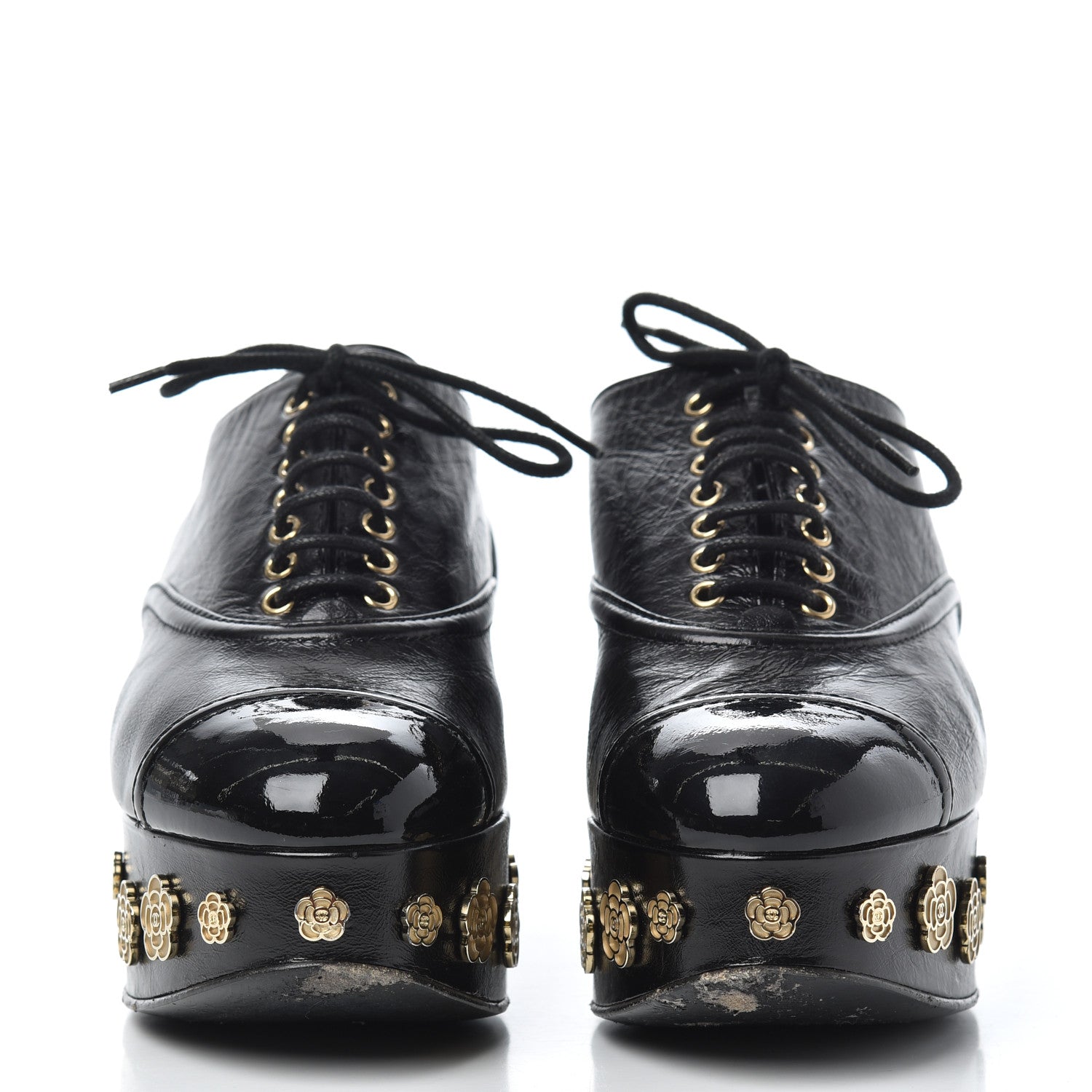 Chanel Crumpled Calfskin Lace Up Platform Oxfords 37 Black 2 of 22