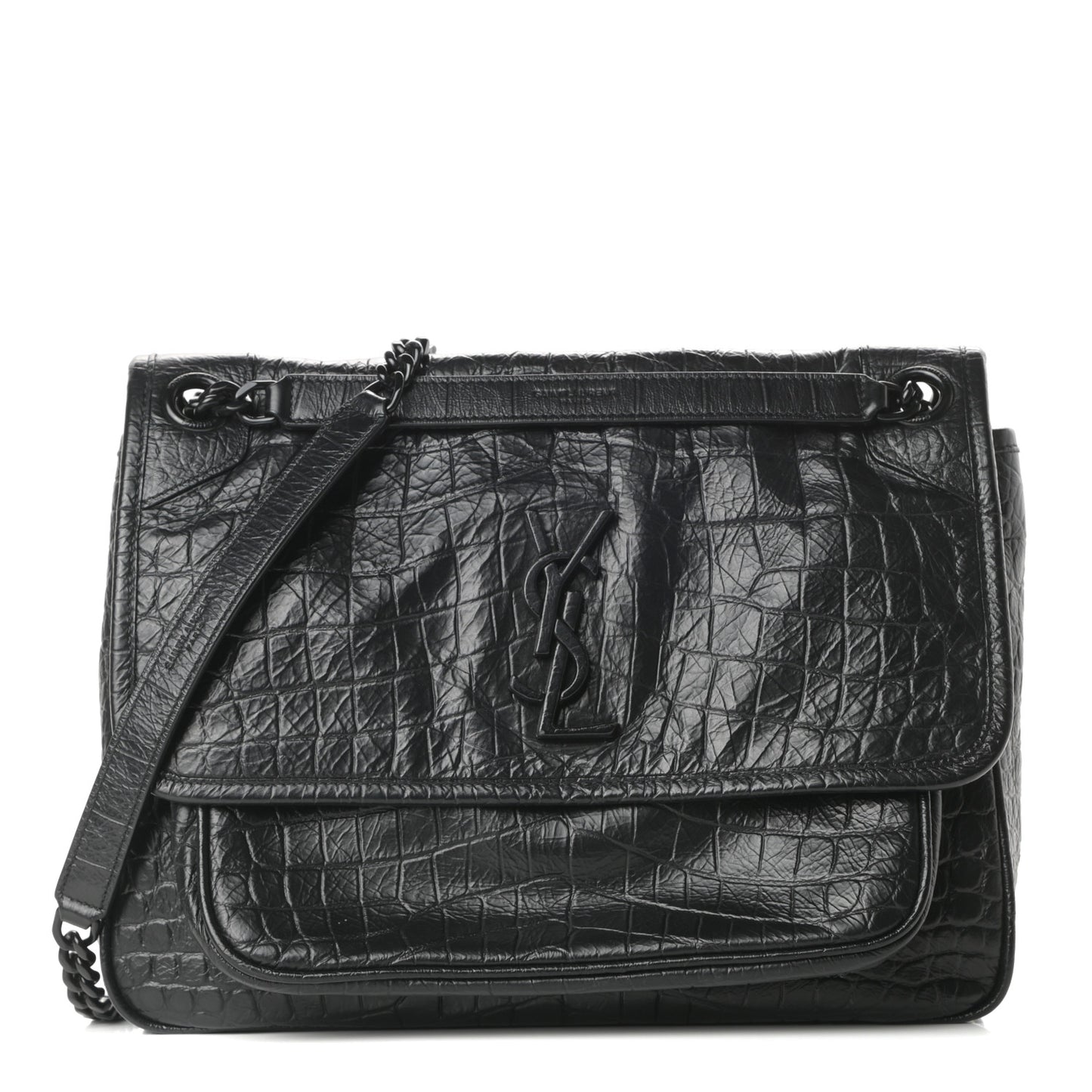 Crocodile Embossed Lambskin Monogram Medium Niki Chain Satchel Black