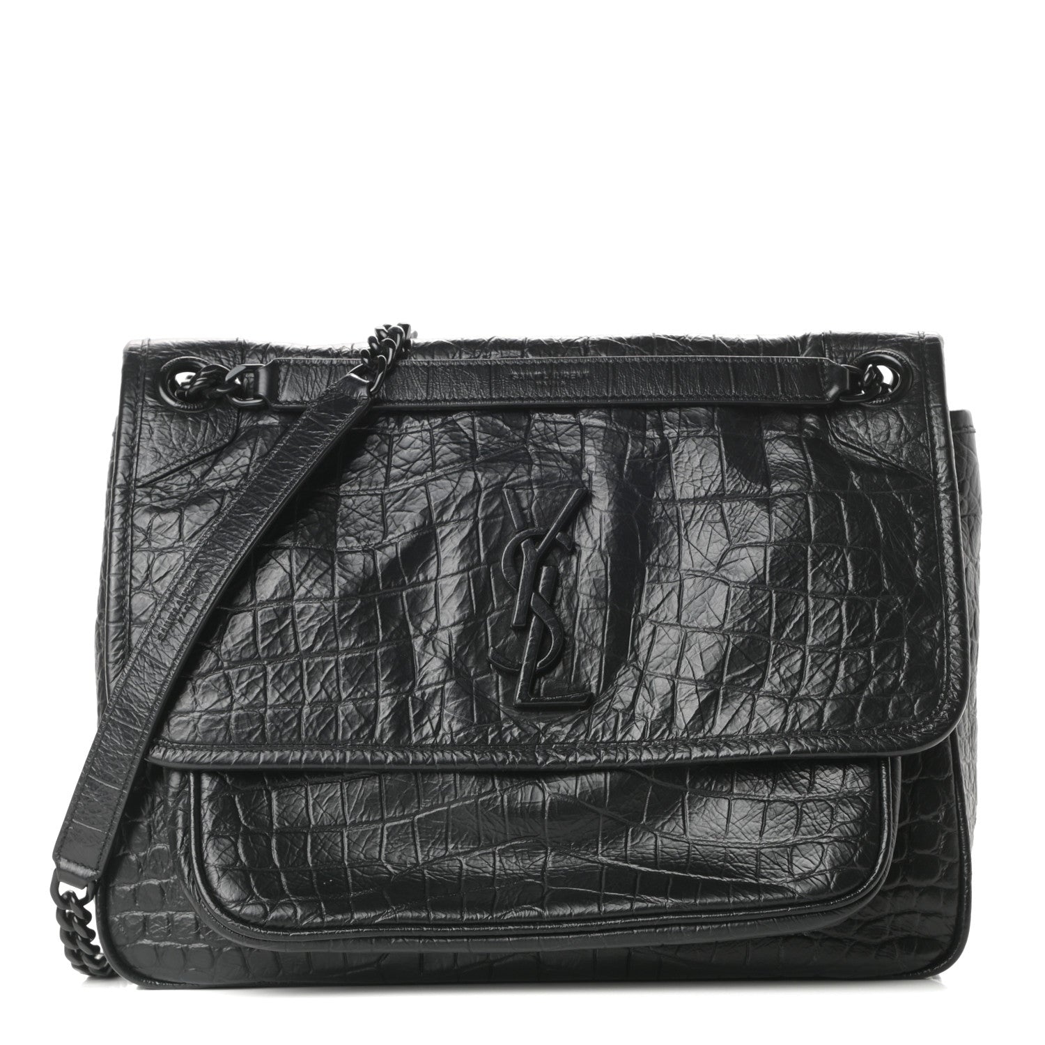 Saint Laurent Crocodile Embossed Lambskin Monogram Medium Niki Chain Satchel Black 1 of 11