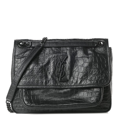 Saint Laurent Crocodile Embossed Lambskin Monogram Medium Niki Chain Satchel Black 1 of 11