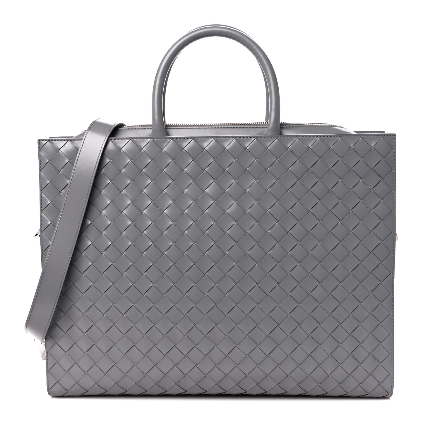 Shiny Calfskin Intrecciato Frame Briefcase Concrete
